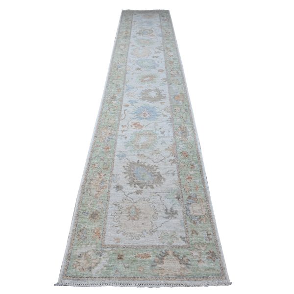 2'9"x15'4" Timberwolf Gray, Tribal Flower And Leaf Pattern All Over, Afghan Angora Oushak, Wool Weft, Hand Knotted, Natural Dyes, XL Runner Oriental Rug HR89101