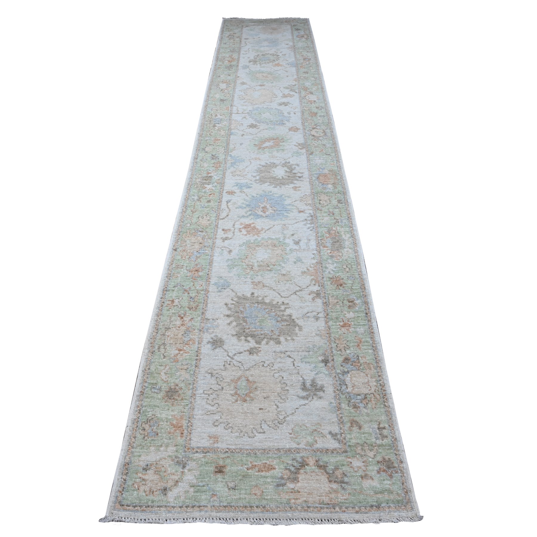 2'9"x15'4" Timberwolf Gray, Tribal Flower And Leaf Pattern All Over, Afghan Angora Oushak, Wool Weft, Hand Knotted, Natural Dyes, XL Runner Oriental Rug HR89101
