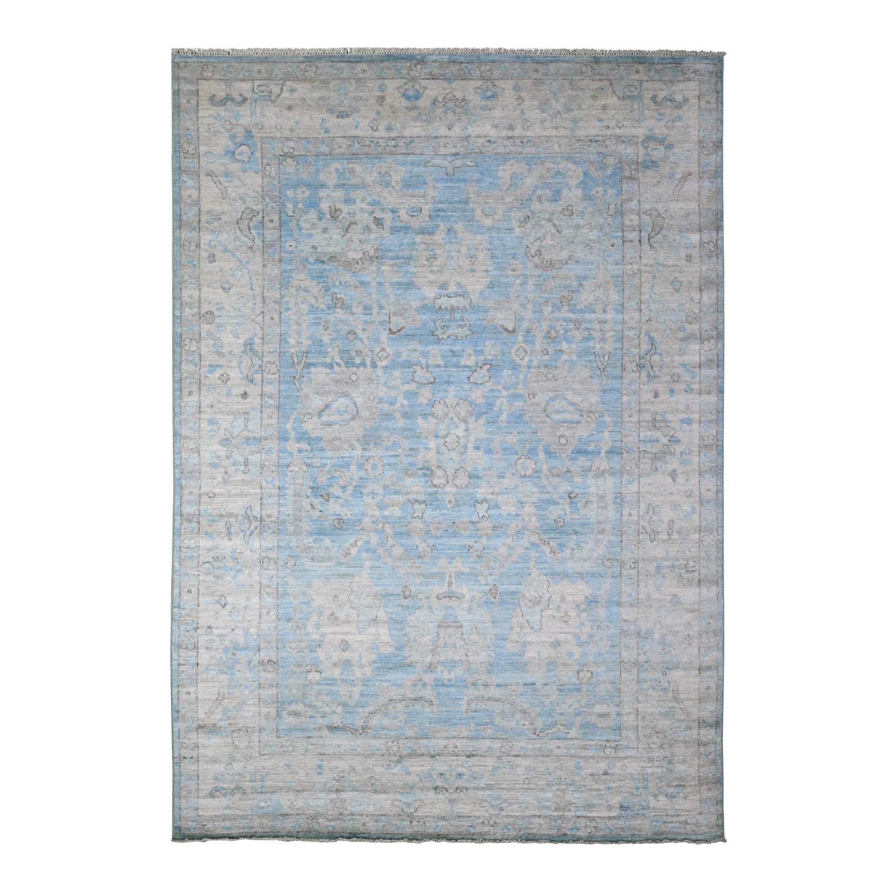 6'2"x8'10" Argentina Blue, Natural Dyes With All Over Rural Floral Design, Hand Knotted Angora Oushak, Wool Weft, Oriental Rug HR89120