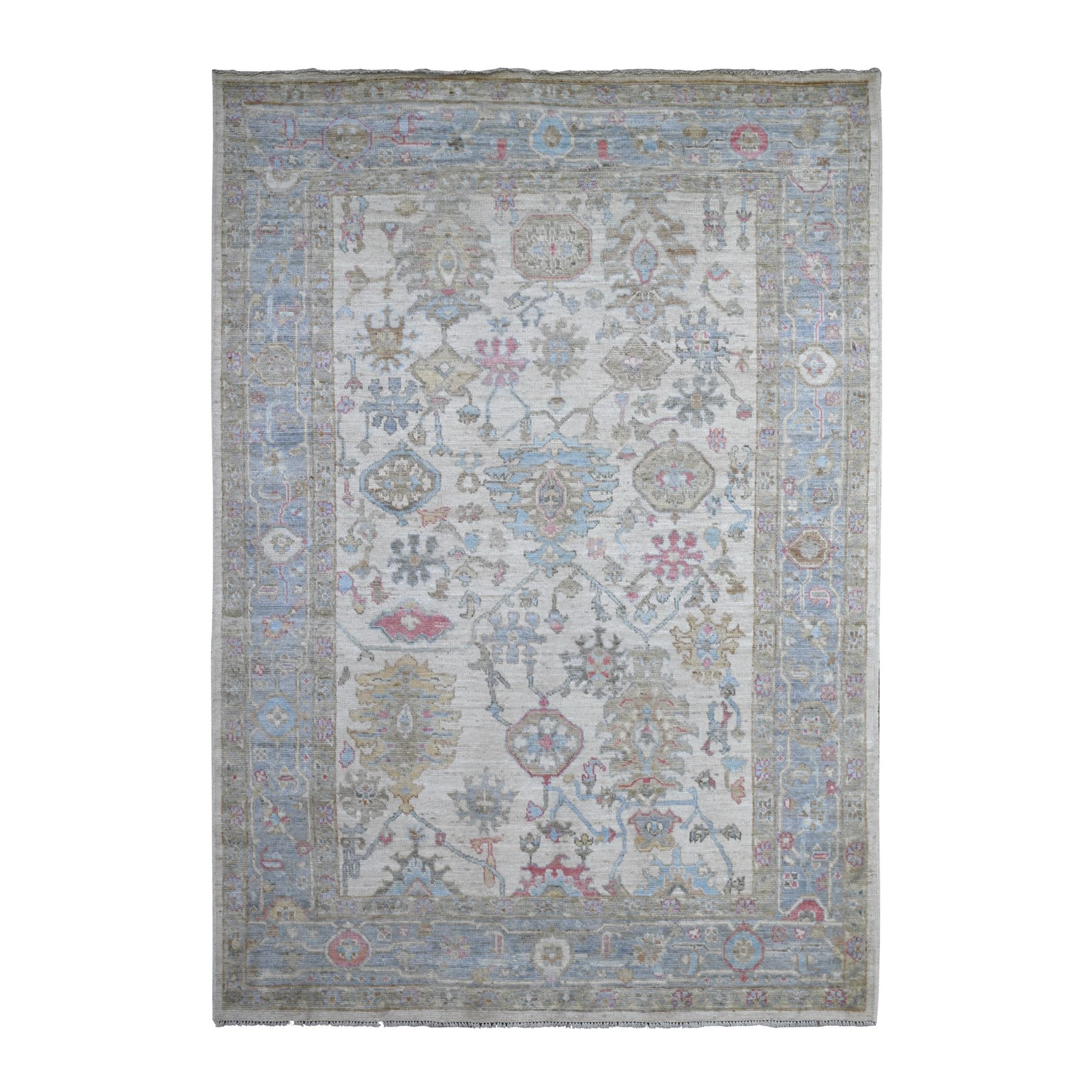 6'3"x9' Timberwolf Gray, Hand Knotted With Wool Weft, Natural Dyes, Colorful Village Flower And Leaf Design, Afghan Angora Oushak, Oriental Rug HR89121