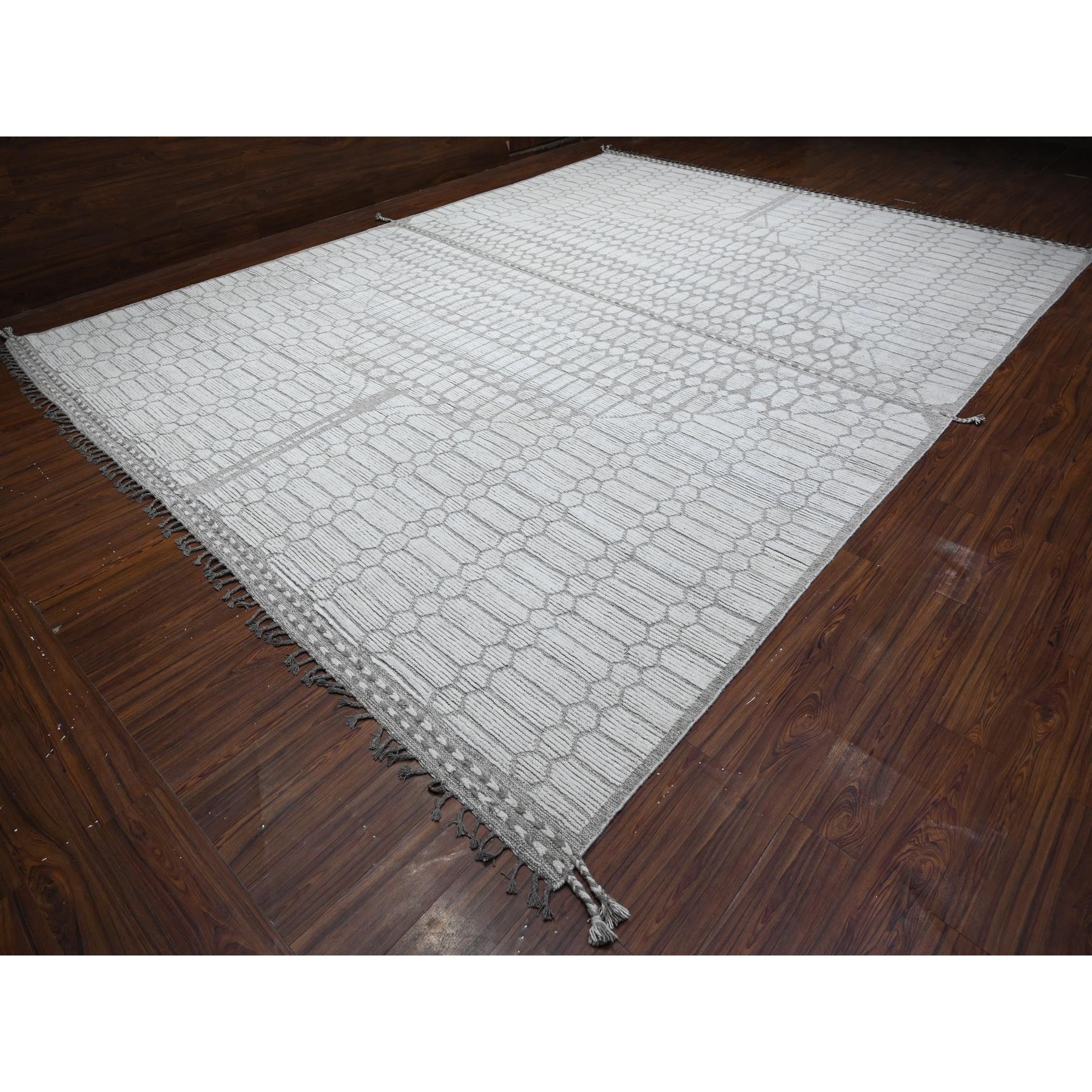11'9"x15'8" Eider White, Natural Dyes, Soft and Shiny Wool, Moroccan Inspired With Beni Ourain Open Field Design, Hand Knotted Wool On Wool Foundation, Oversized Oriental Rug HR89136 - Image 3