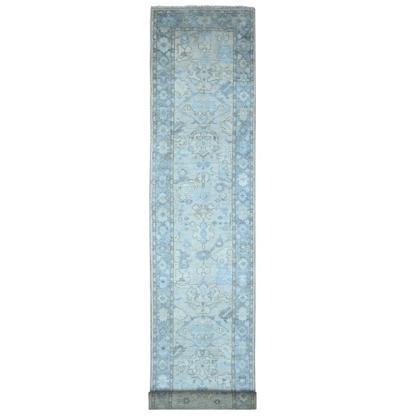3'x19'5" Powder Blue, Soft Afghan Wool Weft, Hand Knotted, Angora Oushak, Natural Dyes, Tribal All Over Flower And Leaf Design, XL Runner Oriental Rug HR89137