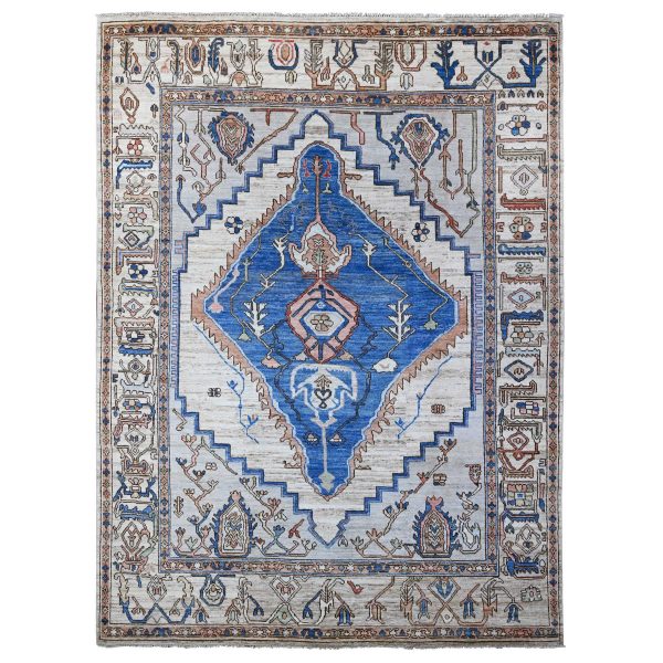8'10"x11'9" Chrome Gray, Hand Knotted, Turkish Village Motifs, Large Serrated Central Medallion, Natural Dyes, Soft and Shiny Wool, Oriental Rug HR89151