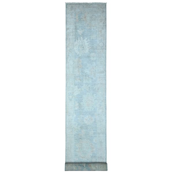 2'9"x19'6" Cloud Gray, Soft Wool Weft, Natural Dyes, Afghan Angora Oushak, Hand Knotted With Rural Floral Medallions All Over Design, Oversized Runner Oriental Rug HR89157