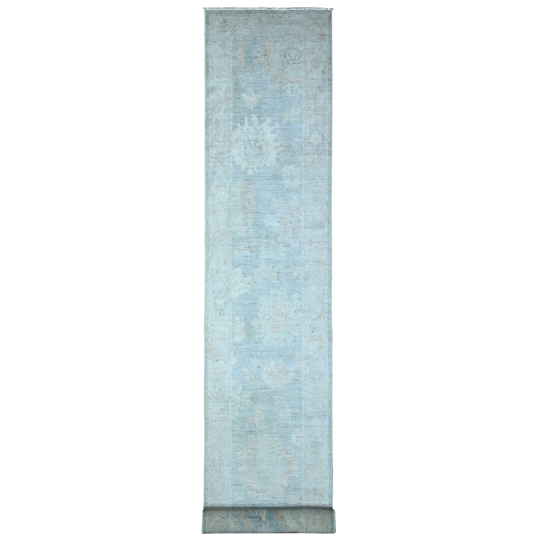 2'9"x19'6" Cloud Gray, Soft Wool Weft, Natural Dyes, Afghan Angora Oushak, Hand Knotted With Rural Floral Medallions All Over Design, Oversized Runner Oriental Rug HR89157