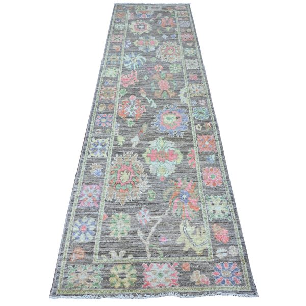 2'10"x10'7" Vampire Gray, Hand Knotted, Wool Foundation, Vibrant Tribal Floral Motifs All Over Design, Natural Dyes, Afghan Angora Oushak, Runner Oriental Rug HR89161