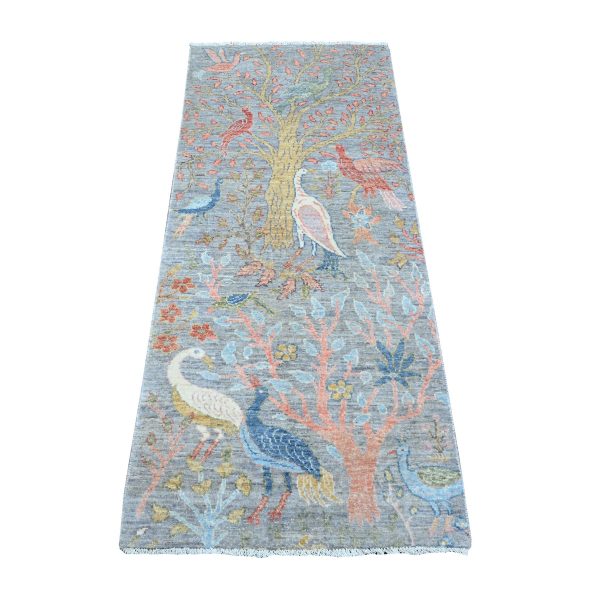 2'6"x5'10" Wales Gray, Hand Knotted, Afghan Peshawar with Birds of Paradise, Vegetable Dyes, Vibrant Wool, Runner Oriental Rug HR89162