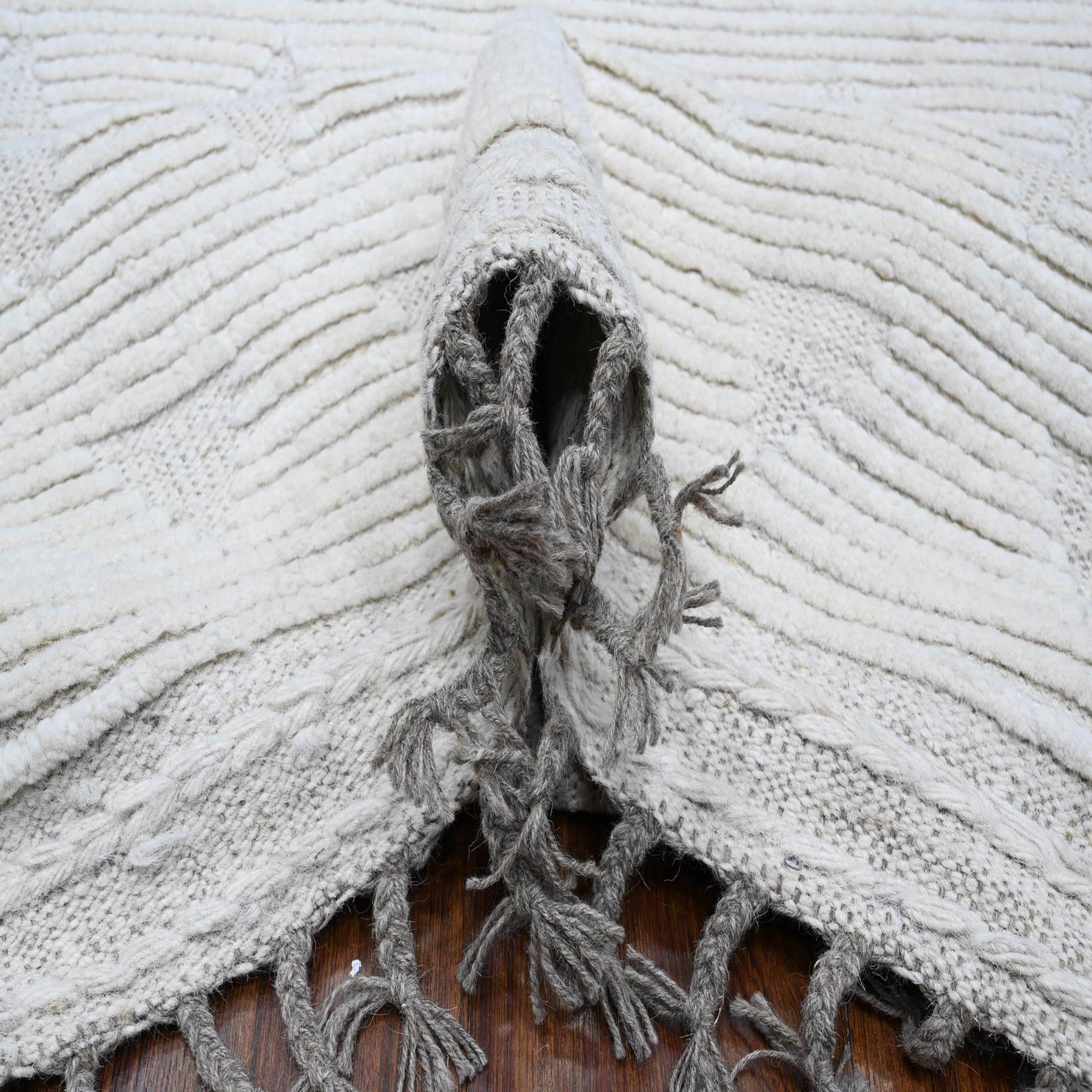 8'10"x12'3" Lazy Gray and Light Beige, Embossed Pile Geometric Oulad Bousbaa Moroccan Design, Tone On Tone, Vegetable Dyes, Organic Wool, Hand Knotted, Oriental Rug HR89182 - Image 5