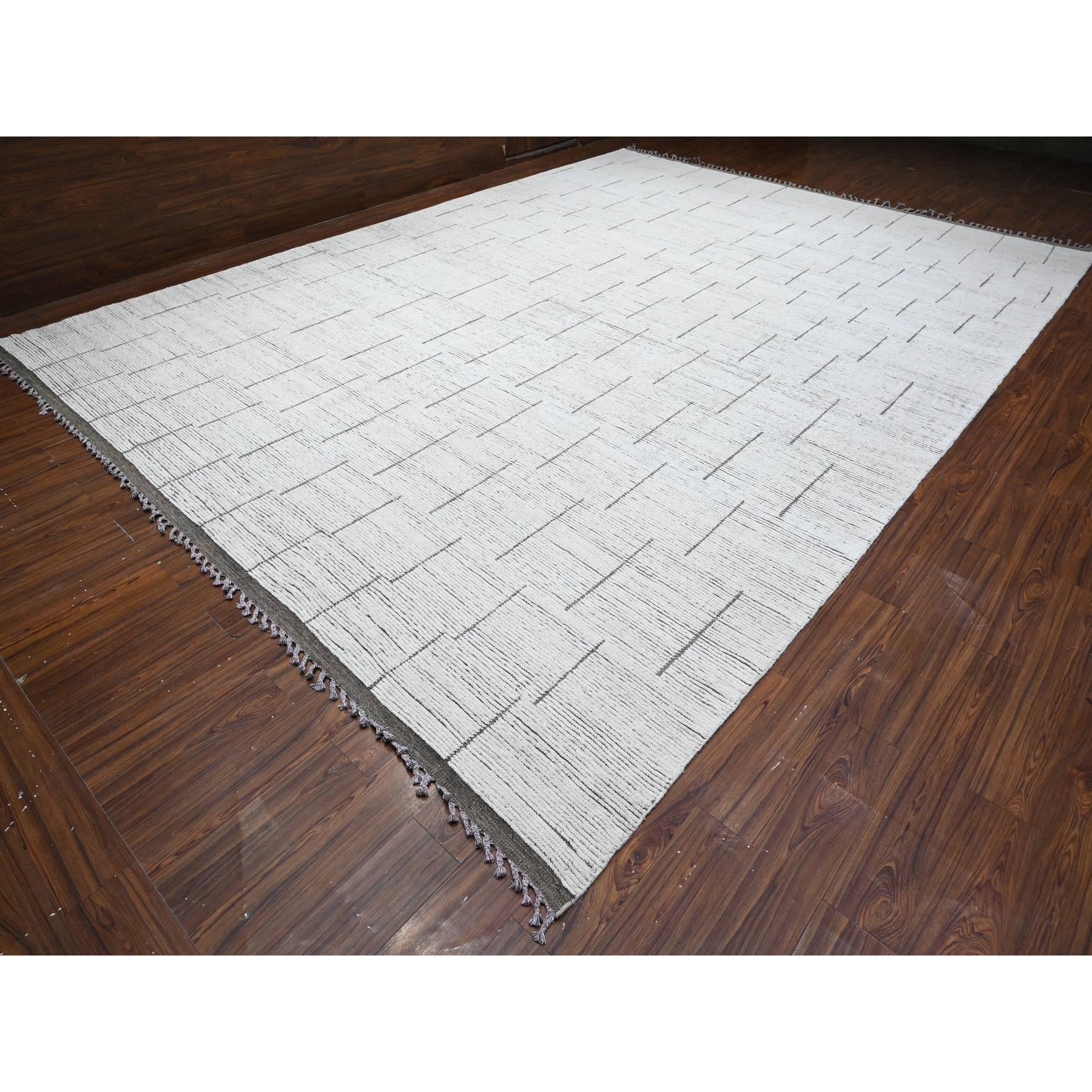 12'x16'2" Silky White, Moroccan Chiadma Influenced Geometric Design, Hand Knotted, All Wool, Denser Weave Oversized Oriental Rug HR89193 - Image 3