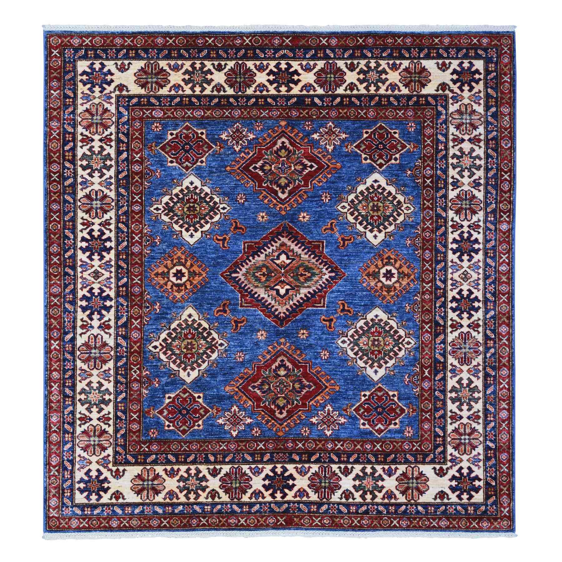 6'x6' Berry Blue With Ivory Border, Afghan Super Kazak With All Over Geometric Medallions, Vegetables Dyes, Densely Woven, Vibrant Wool, Hand Knotted Square Oriental Rug HR89211