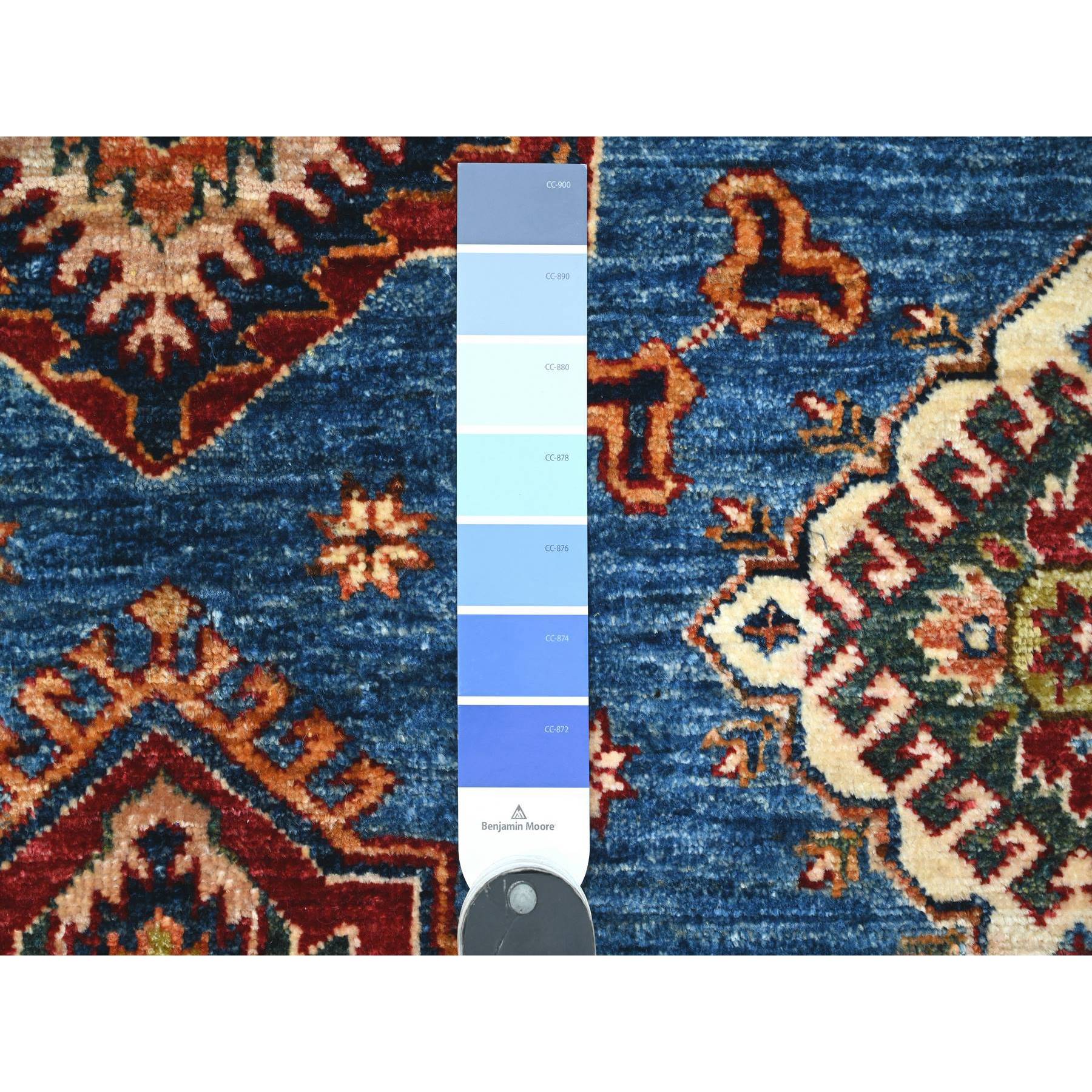 6'x6' Berry Blue With Ivory Border, Afghan Super Kazak With All Over Geometric Medallions, Vegetables Dyes, Densely Woven, Vibrant Wool, Hand Knotted Square Oriental Rug HR89211 - Image 3