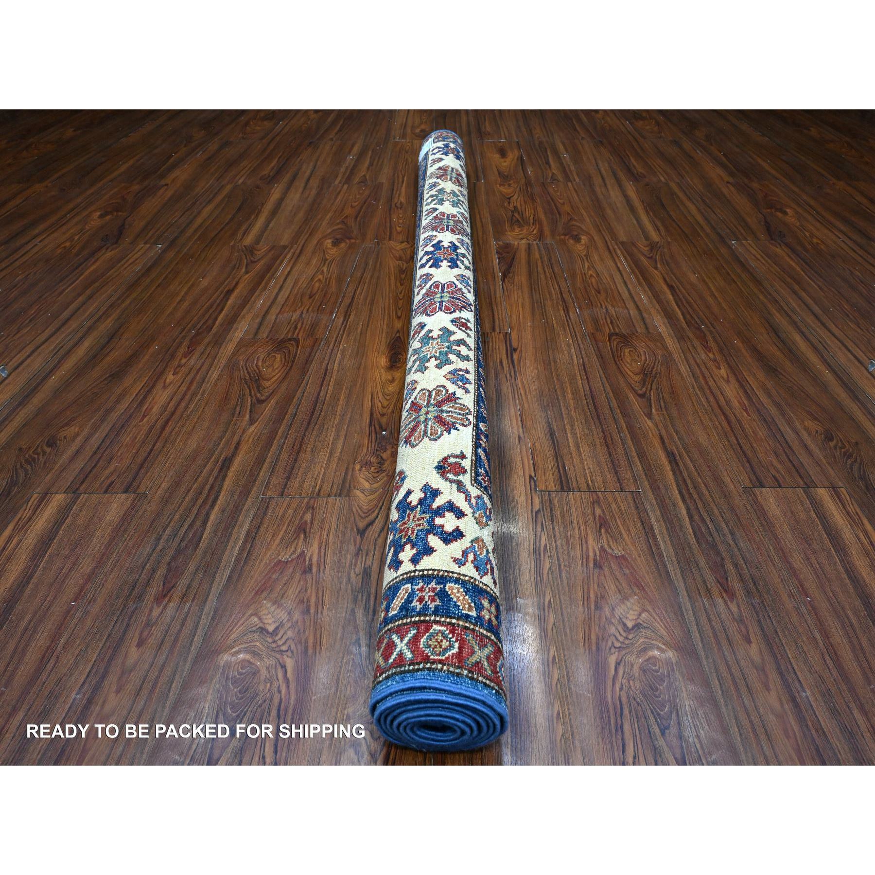 6'x6' Berry Blue With Ivory Border, Afghan Super Kazak With All Over Geometric Medallions, Vegetables Dyes, Densely Woven, Vibrant Wool, Hand Knotted Square Oriental Rug HR89211 - Image 4