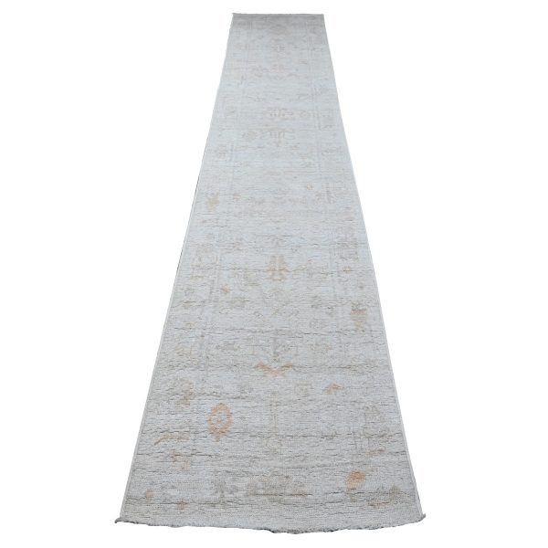 2'9"x12' Pure Silver Gray, Wool Weft, Hand Knotted, Vegetable Dyes, Village All Over Elements Design, Afghan Angora Oushak, Runner Oriental Rug HR89280