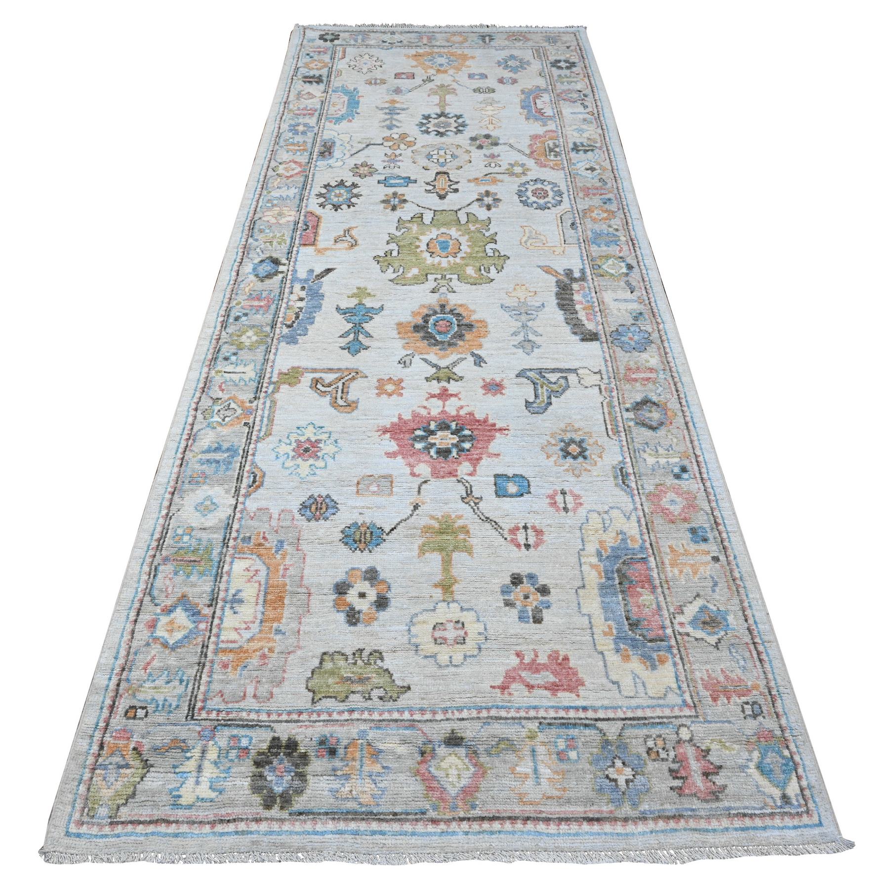 4'x10'8" Beau Blue, Hand Knotted, Soft Pile, Wool Weft, Vivid Rural Elements All Over Design, Natural Dyes, Afghan Angora Oushak, Wide Gallery Runner Oriental Rug HR89290