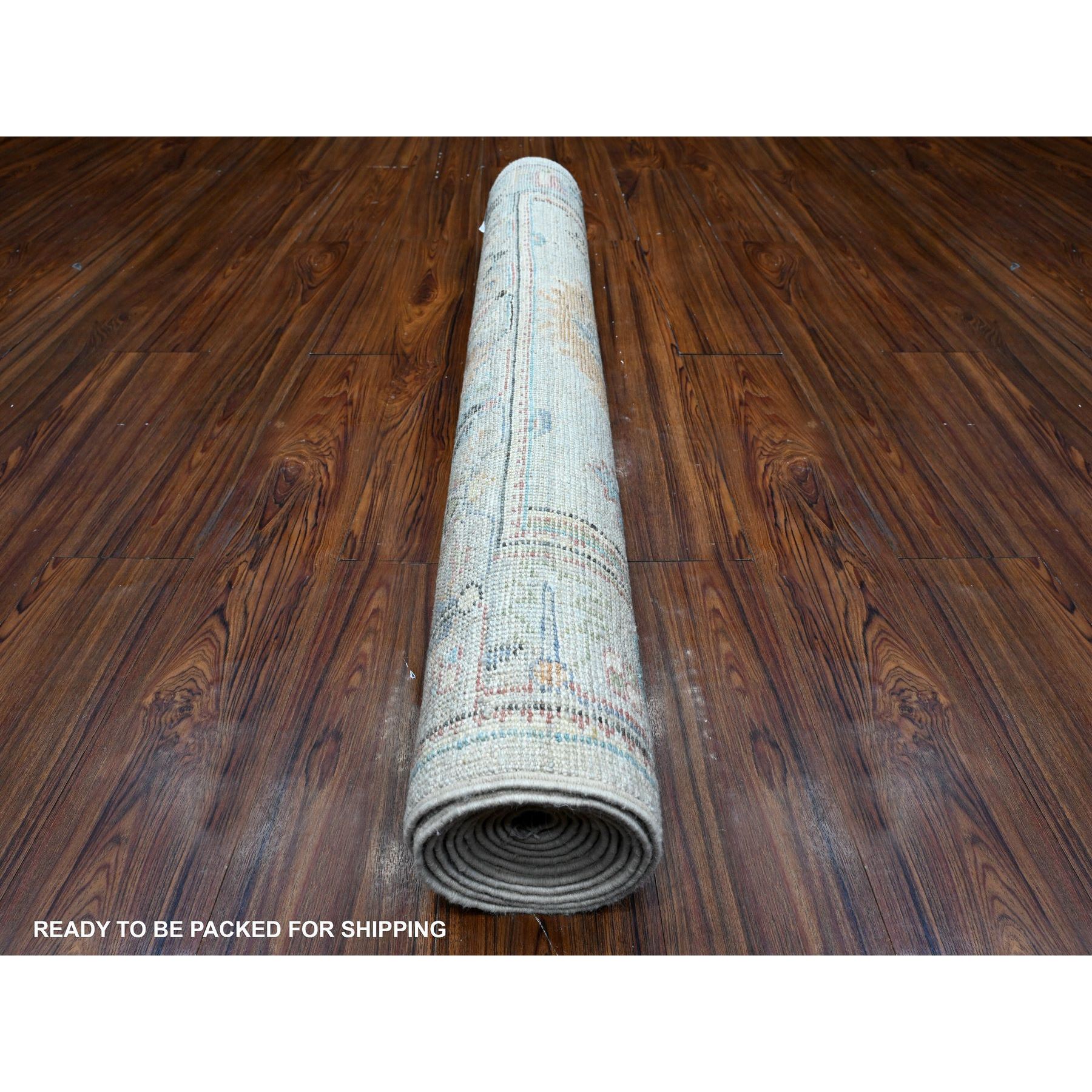 4'x10'8" Beau Blue, Hand Knotted, Soft Pile, Wool Weft, Vivid Rural Elements All Over Design, Natural Dyes, Afghan Angora Oushak, Wide Gallery Runner Oriental Rug HR89290 - Image 4