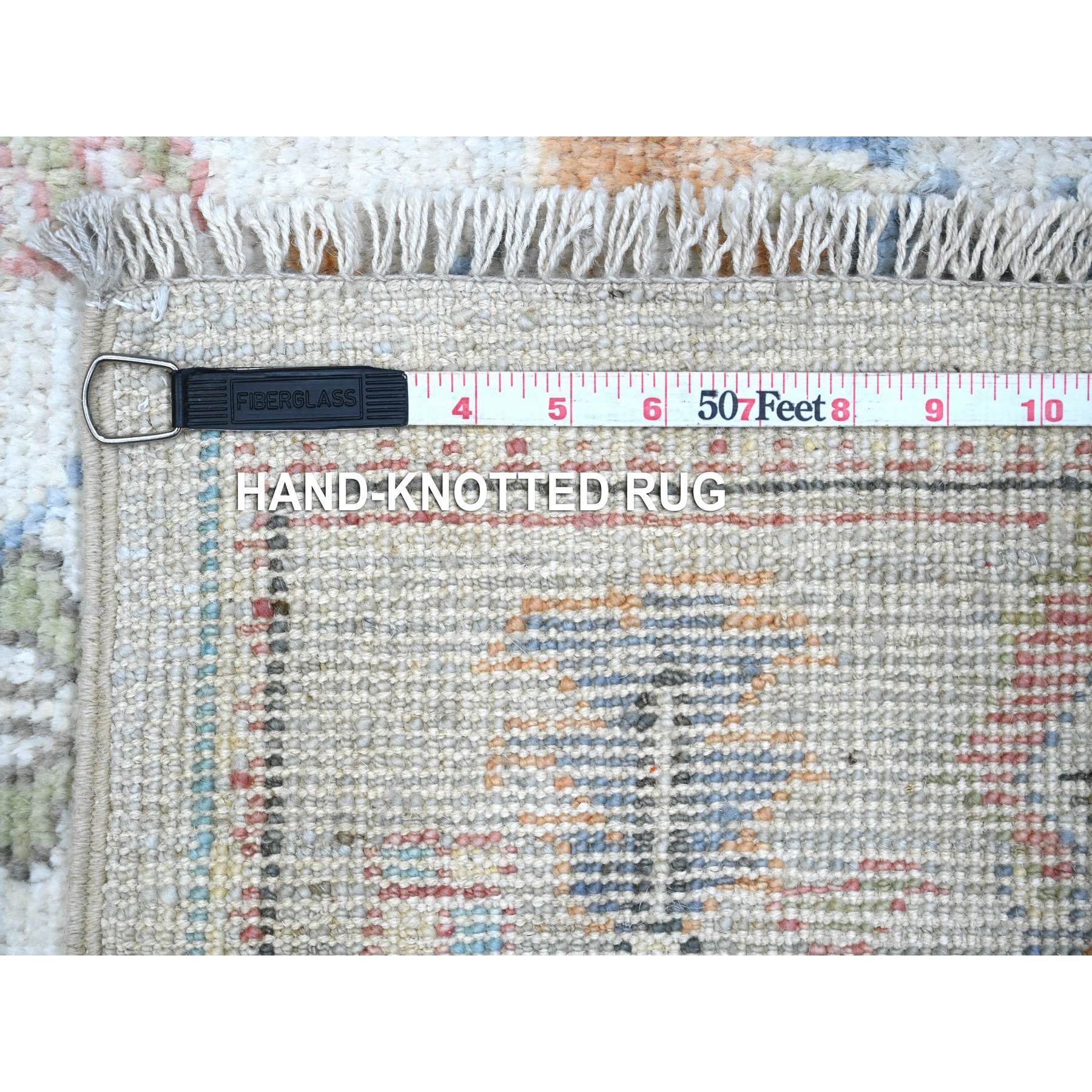 4'x10'8" Beau Blue, Hand Knotted, Soft Pile, Wool Weft, Vivid Rural Elements All Over Design, Natural Dyes, Afghan Angora Oushak, Wide Gallery Runner Oriental Rug HR89290 - Image 6