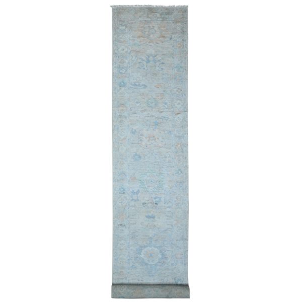 3'1"x19'10" Gainsboro Gray, Hand Knotted Angora Oushak, Afghan Wool Weft, Vegetable Dyes, All Over Village Floral Design, Oversized Oriental Runner Rug HR89358