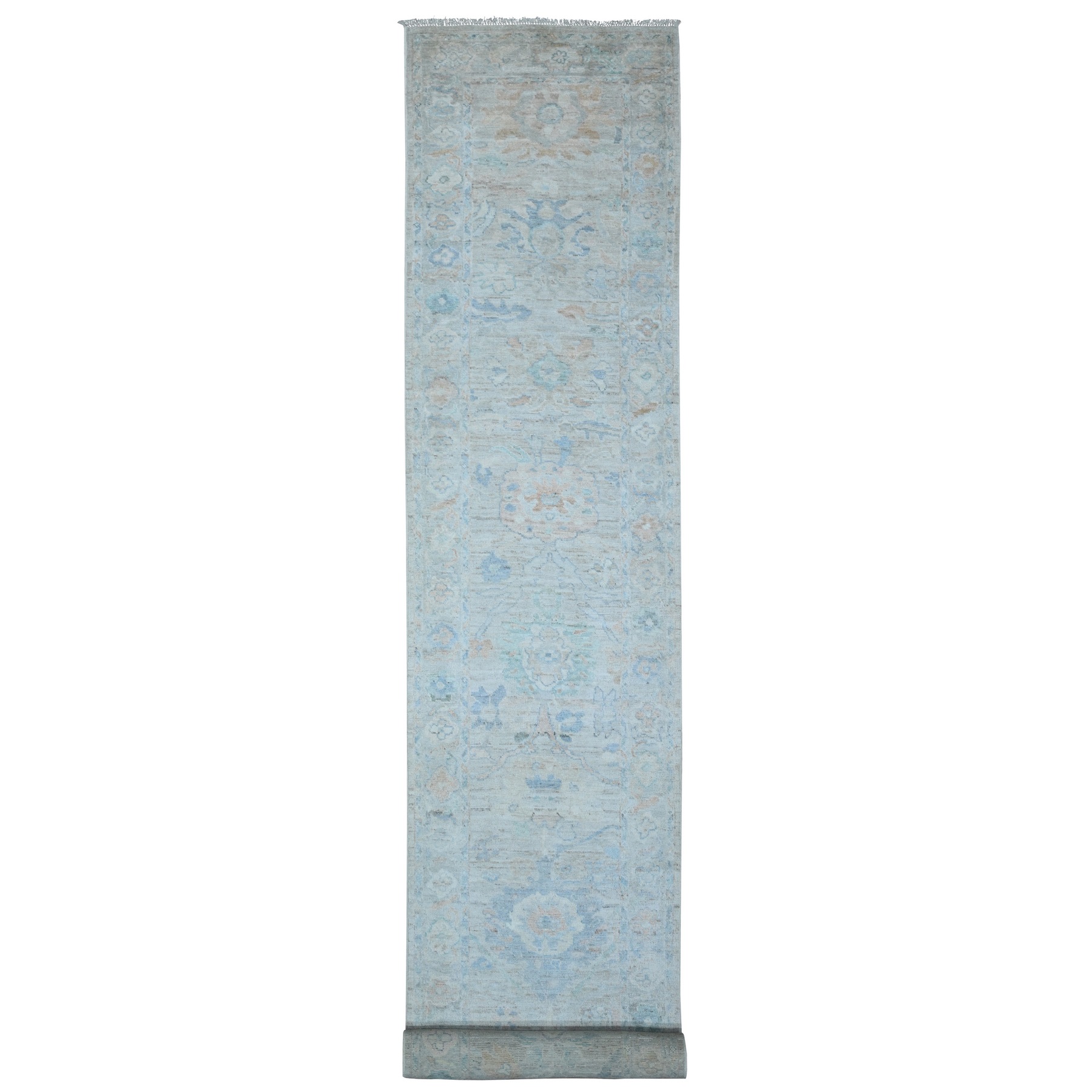 3'1"x19'10" Gainsboro Gray, Hand Knotted Angora Oushak, Afghan Wool Weft, Vegetable Dyes, All Over Village Floral Design, Oversized Oriental Runner Rug HR89358