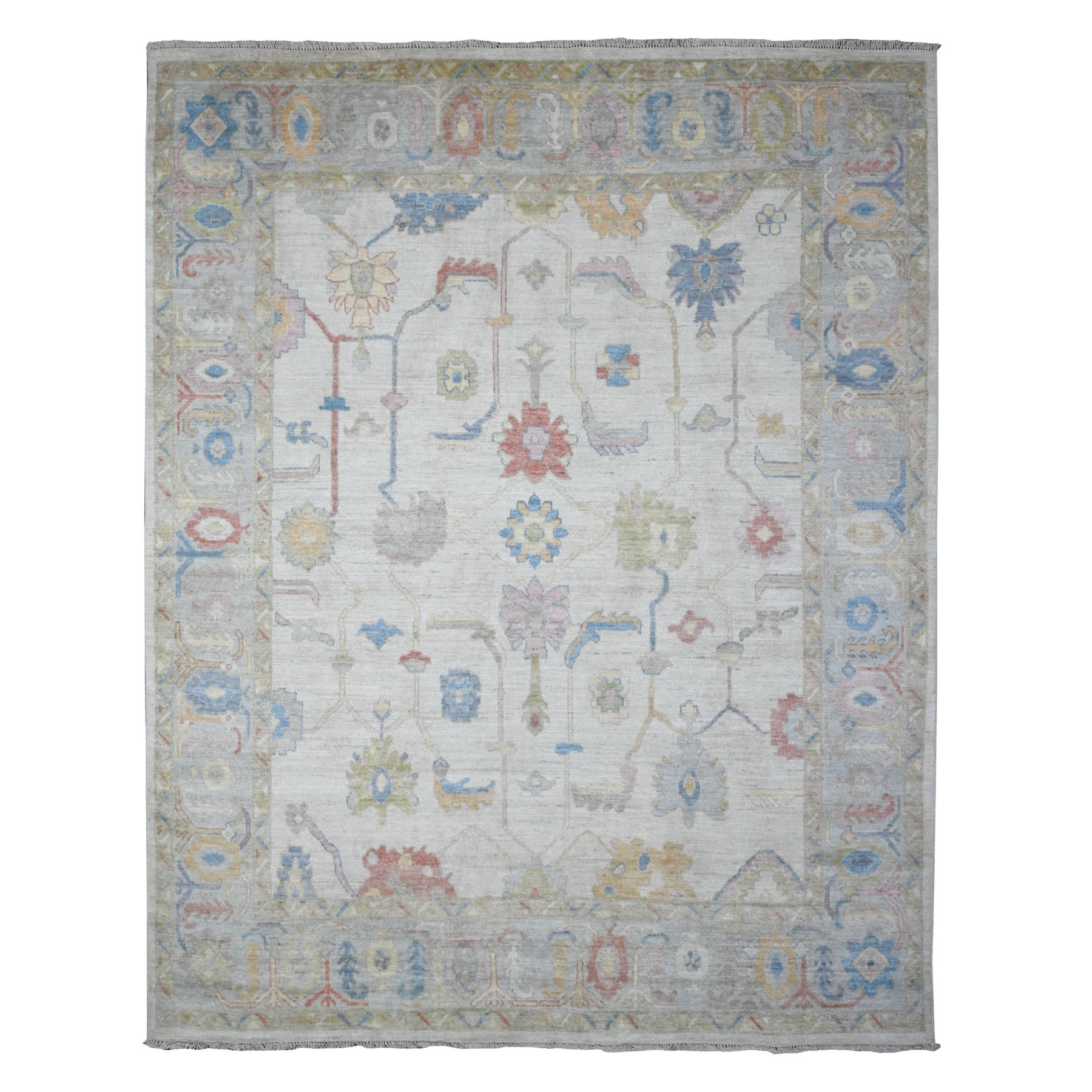 7'10"x9'9" Silver Gray, Hand Knotted, Afghan Wool Weft, Vegetable Dyes, Angora Oushak, Colorful Tribal Medallions All Over Design, Oriental Rug HR89455
