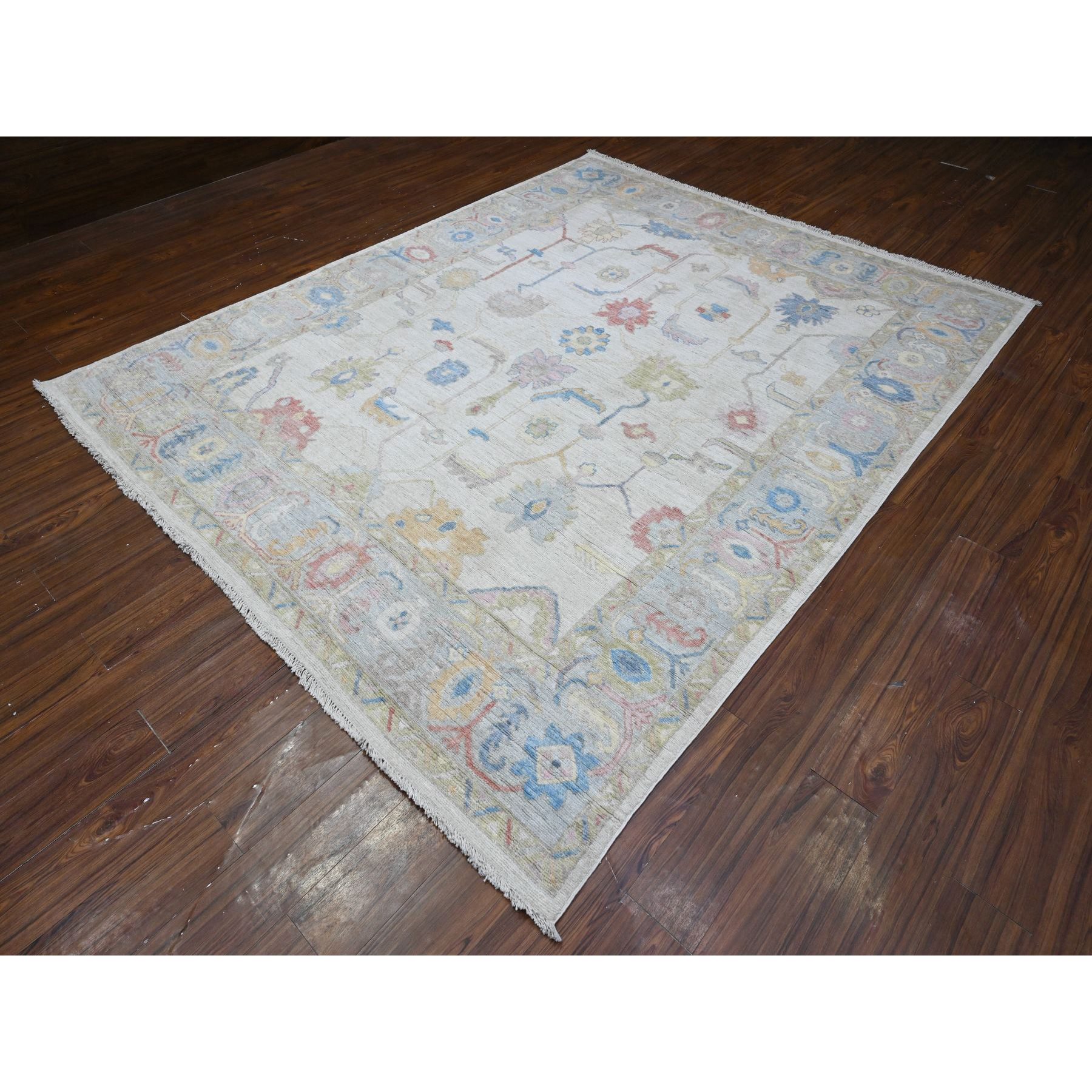 7'10"x9'9" Silver Gray, Hand Knotted, Afghan Wool Weft, Vegetable Dyes, Angora Oushak, Colorful Tribal Medallions All Over Design, Oriental Rug HR89455 - Image 4
