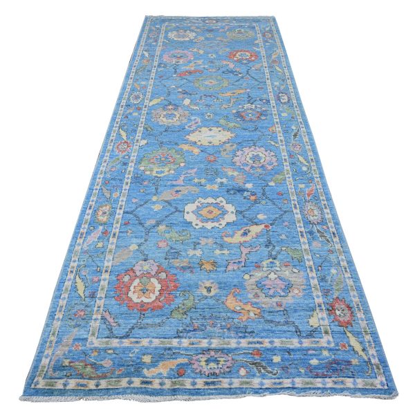 4'2"x12' Carolina Blue, Soft Wool Foundation, Hand Knotted, Vegetable Dyes, All Over Tribal Flower And Leaf Design, Afghan Angora Oushak, Wide Runner Oriental Rug HR89507