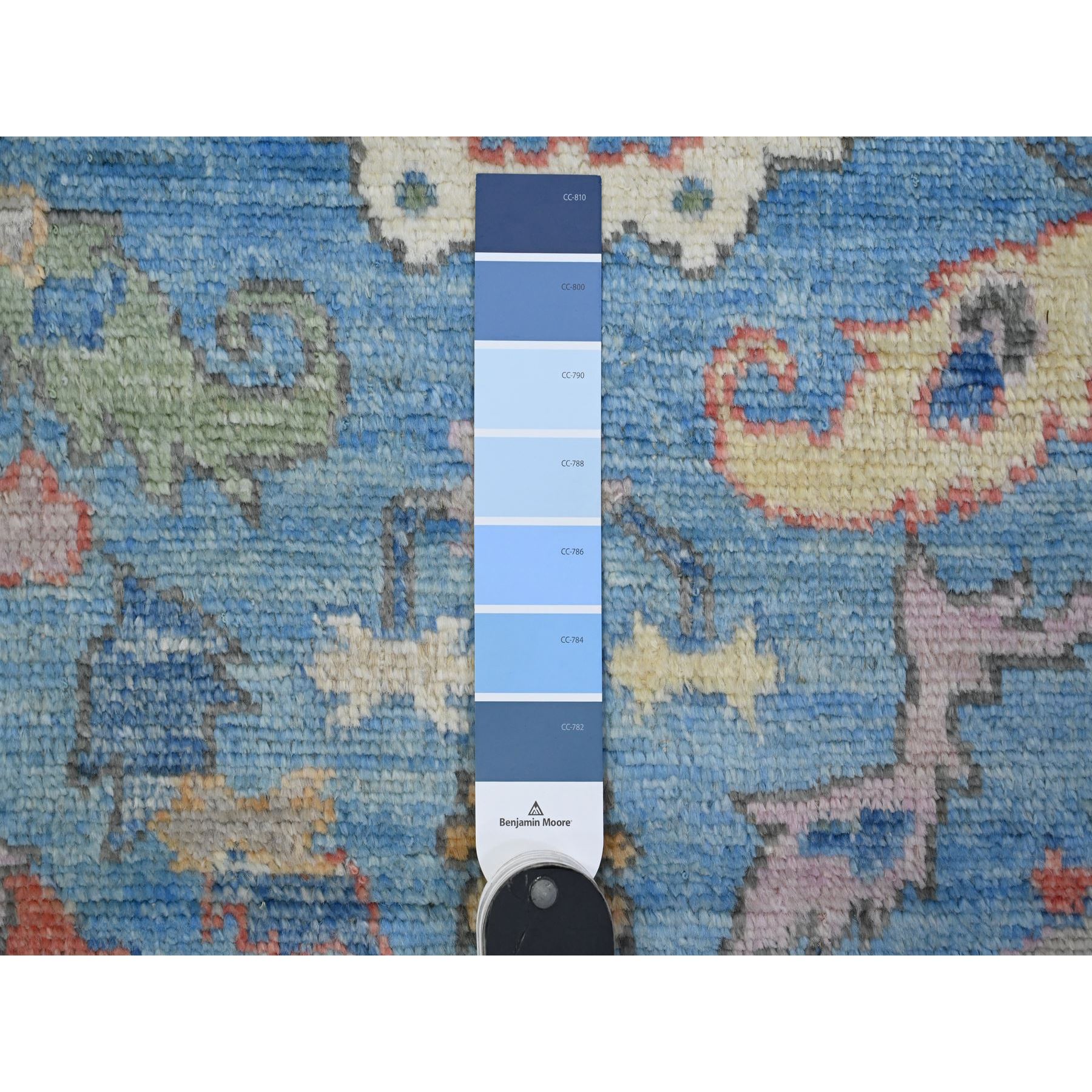 4'2"x12' Carolina Blue, Soft Wool Foundation, Hand Knotted, Vegetable Dyes, All Over Tribal Flower And Leaf Design, Afghan Angora Oushak, Wide Runner Oriental Rug HR89507 - Image 3