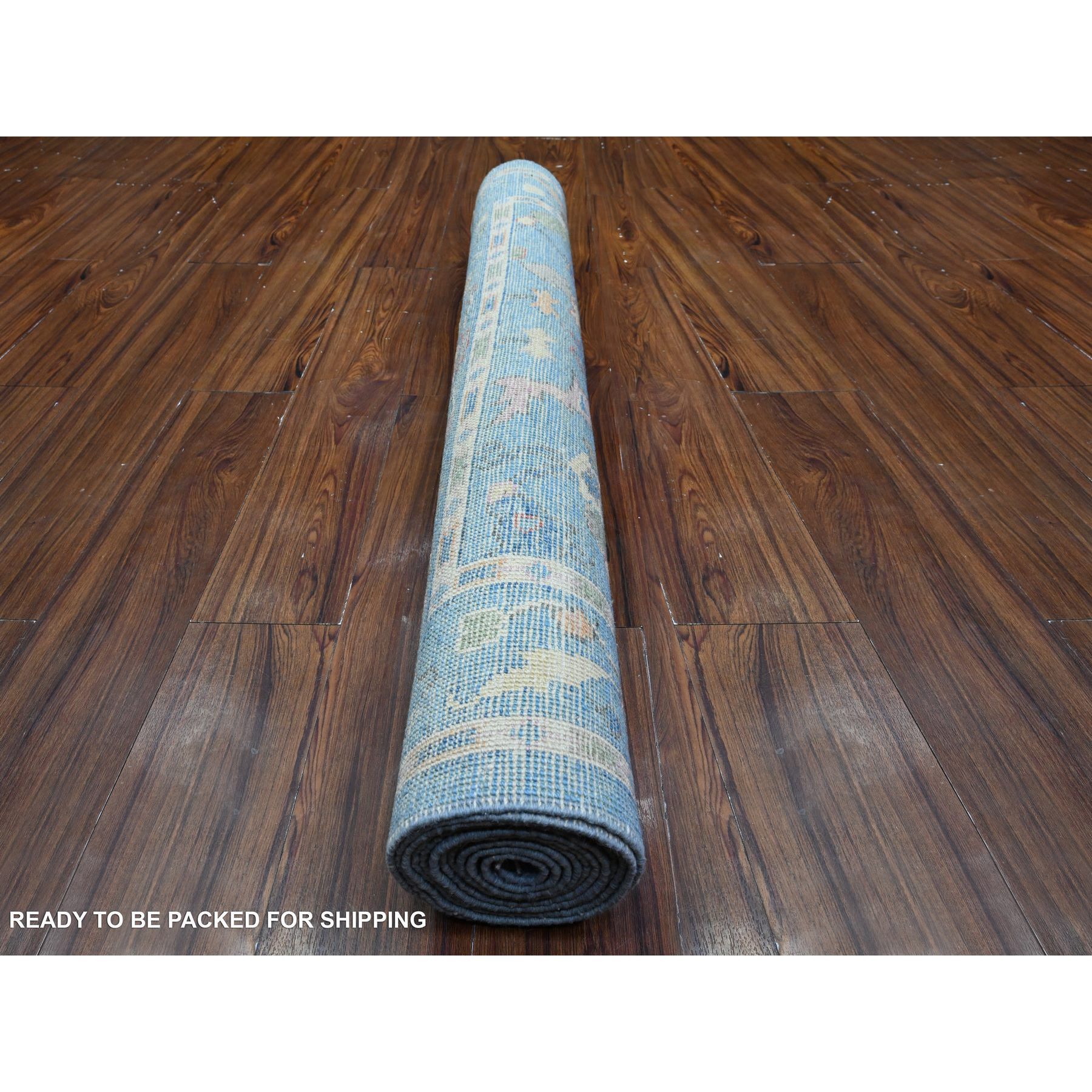 4'2"x12' Carolina Blue, Soft Wool Foundation, Hand Knotted, Vegetable Dyes, All Over Tribal Flower And Leaf Design, Afghan Angora Oushak, Wide Runner Oriental Rug HR89507 - Image 4