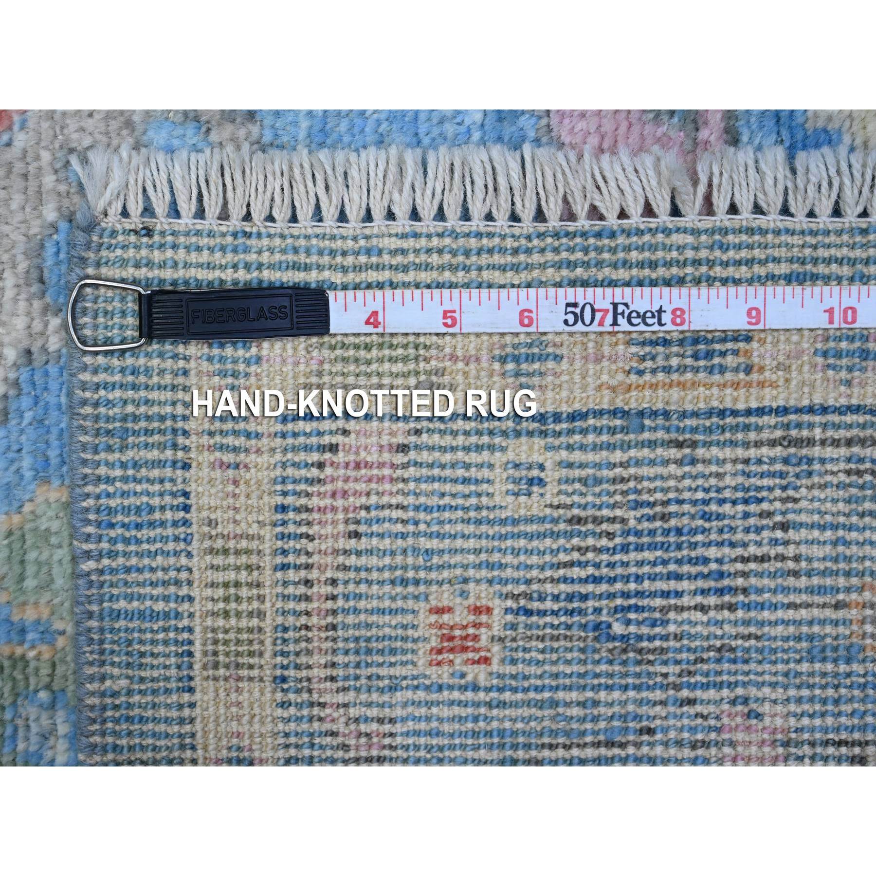 4'2"x12' Carolina Blue, Soft Wool Foundation, Hand Knotted, Vegetable Dyes, All Over Tribal Flower And Leaf Design, Afghan Angora Oushak, Wide Runner Oriental Rug HR89507 - Image 6