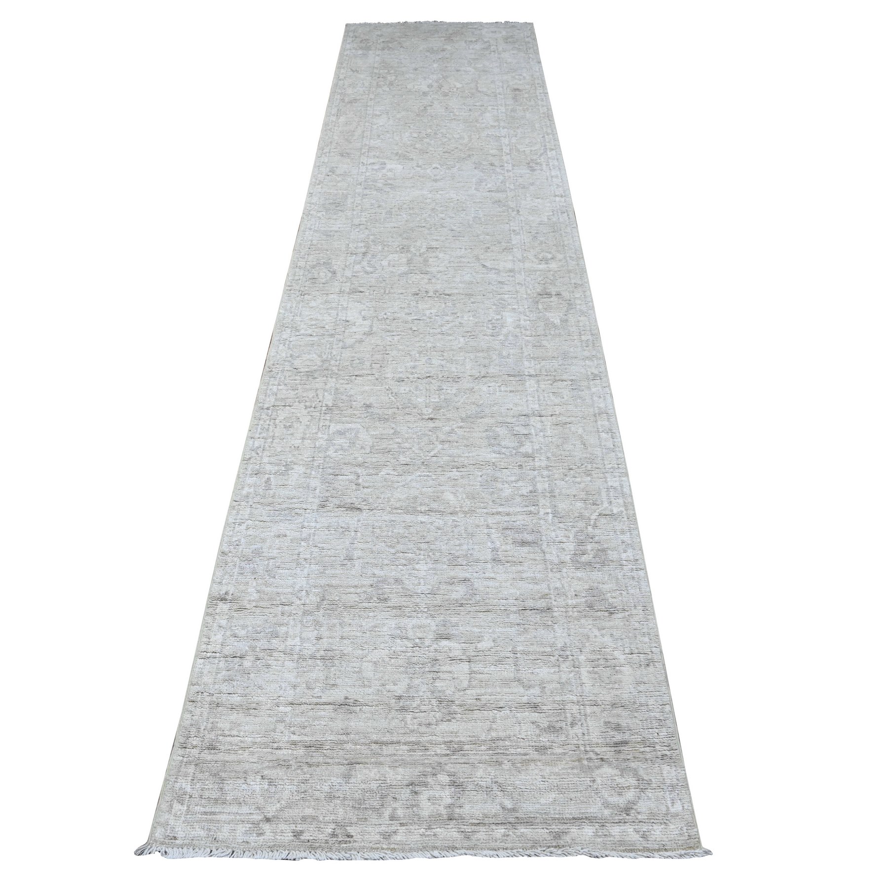 2'9"x11'9" Silver Chalice Gray, White Wash Angora Oushak, Hand Knotted, Village Floral Medallions All Over Design, Wool Weft, Runner Oriental Rug HR89535