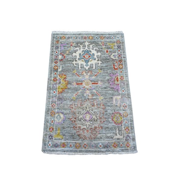 2'1"x3'3" Sea Gray, Soft Pile, Hand Knotted Afghan Angora Oushak, Natural Dyes, Wool Weft, Village Motifs All Over Design, Mat Oriental Rug HR89538