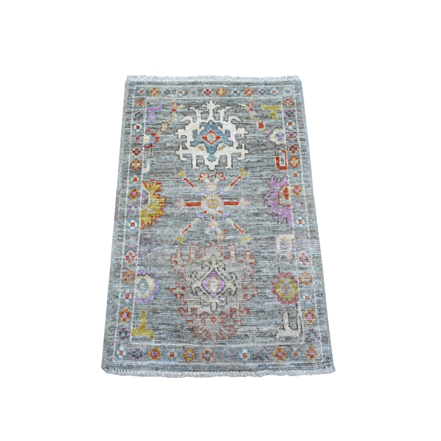 2'1"x3'3" Sea Gray, Soft Pile, Hand Knotted Afghan Angora Oushak, Natural Dyes, Wool Weft, Village Motifs All Over Design, Mat Oriental Rug HR89538