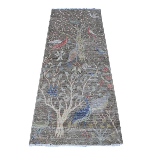2'6"x6'2" Steel Gray, Hand Knotted Natural Wool, Afghan Peshawar with Birds of Paradise, Vegetable Dyes, Runner Oriental Rug HR89583