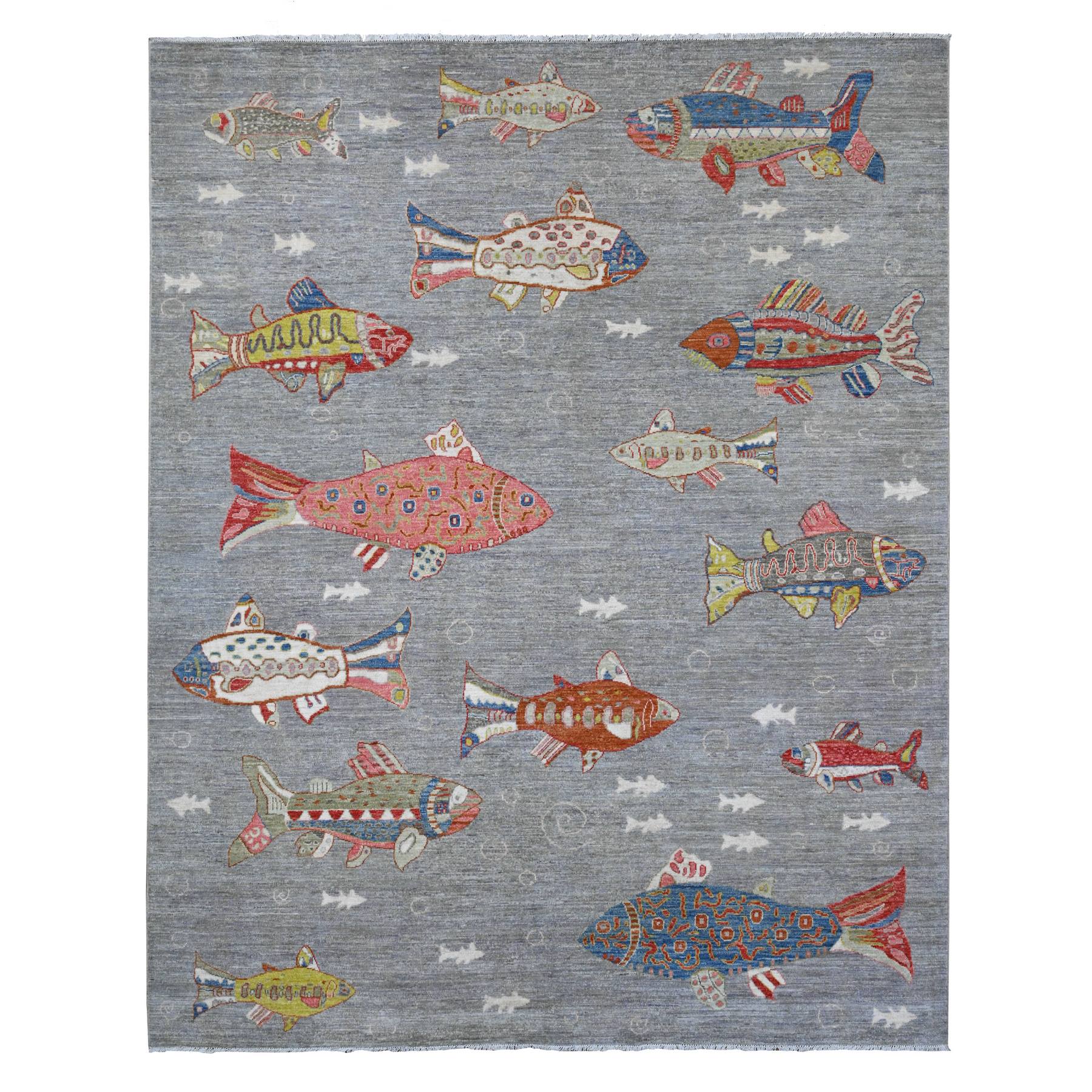8'x10' Koala Gray, Densely Woven Hand Knotted Pure Wool, Afghan Peshawar with Colorful Oceanic Fish Design, Vegetable Dyes, Oriental Rug HR89584