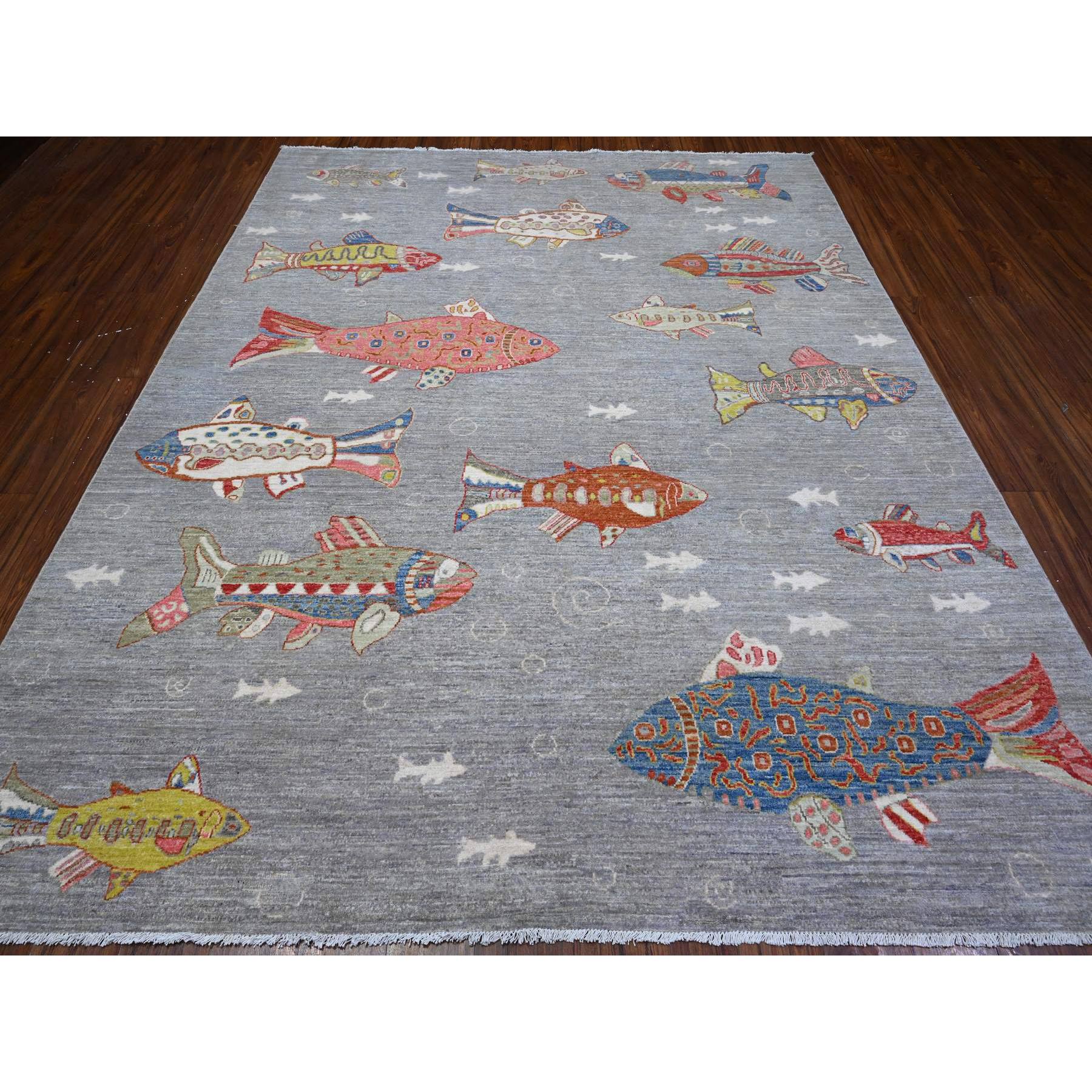 8'x10' Koala Gray, Densely Woven Hand Knotted Pure Wool, Afghan Peshawar with Colorful Oceanic Fish Design, Vegetable Dyes, Oriental Rug HR89584 - Image 3