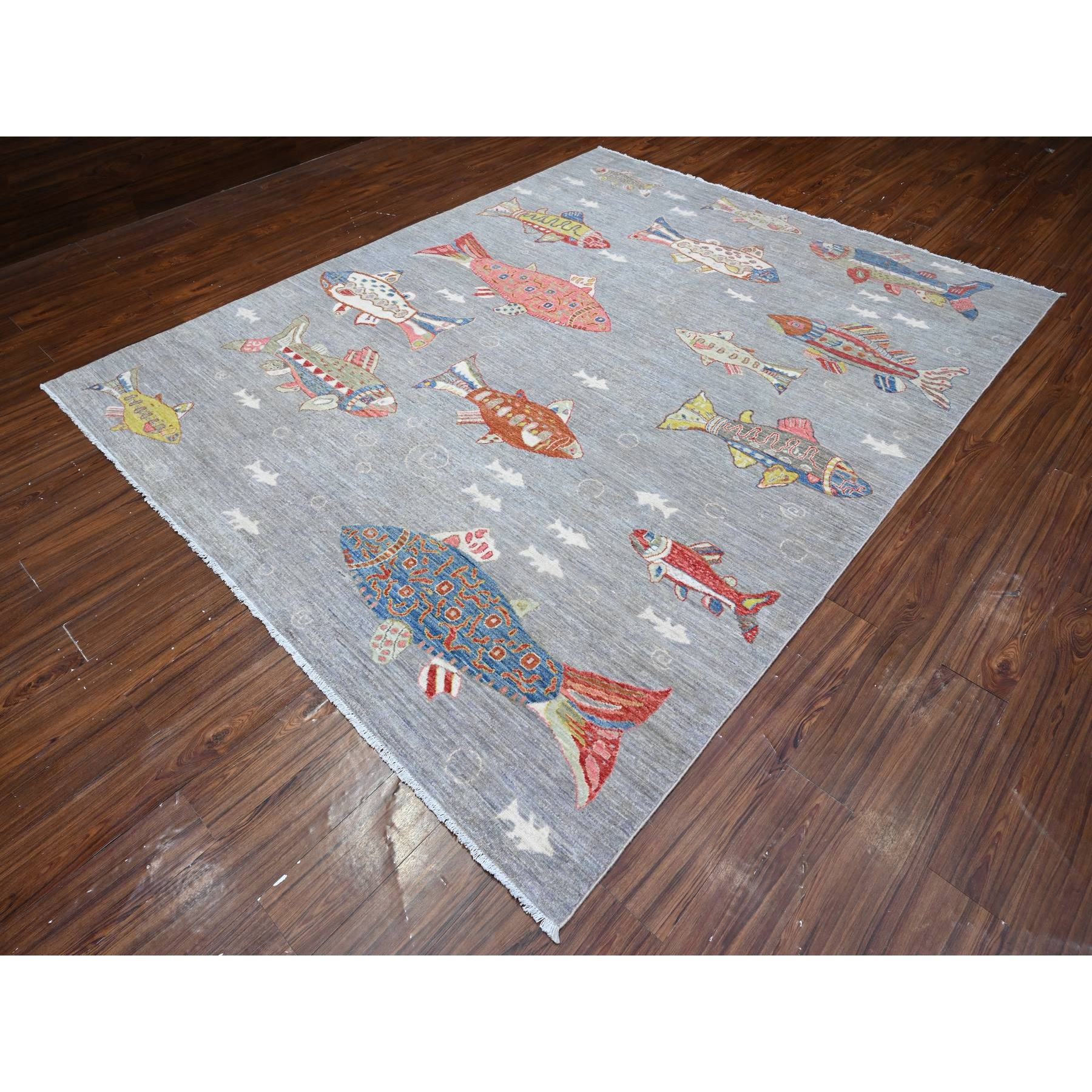8'x10' Koala Gray, Densely Woven Hand Knotted Pure Wool, Afghan Peshawar with Colorful Oceanic Fish Design, Vegetable Dyes, Oriental Rug HR89584 - Image 4