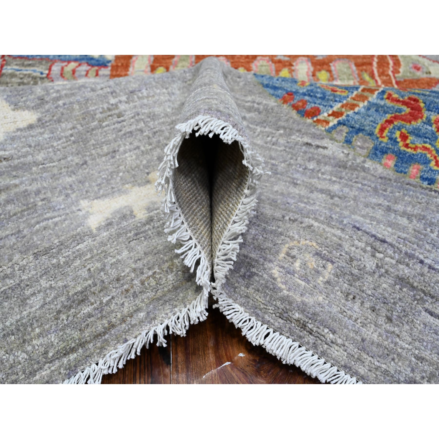 8'x10' Koala Gray, Densely Woven Hand Knotted Pure Wool, Afghan Peshawar with Colorful Oceanic Fish Design, Vegetable Dyes, Oriental Rug HR89584 - Image 6