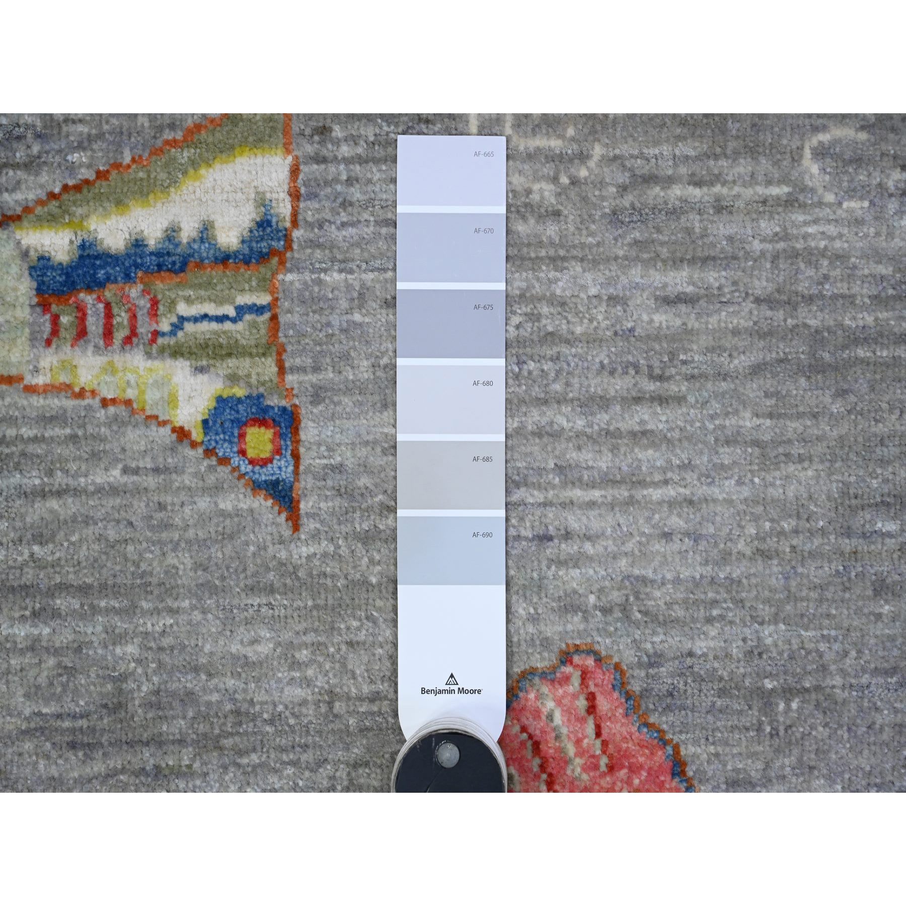8'x10' Koala Gray, Densely Woven Hand Knotted Pure Wool, Afghan Peshawar with Colorful Oceanic Fish Design, Vegetable Dyes, Oriental Rug HR89584 - Image 8