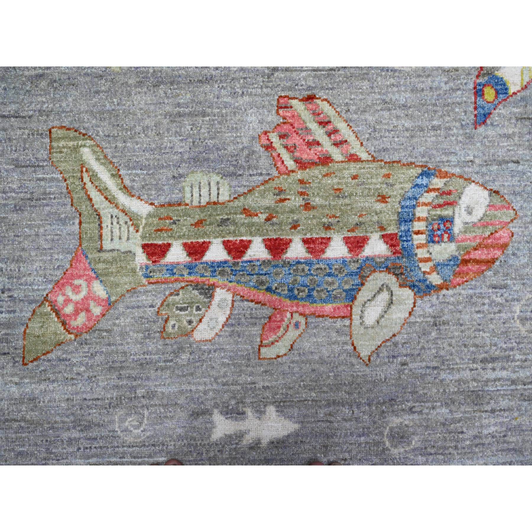 8'x10' Koala Gray, Densely Woven Hand Knotted Pure Wool, Afghan Peshawar with Colorful Oceanic Fish Design, Vegetable Dyes, Oriental Rug HR89584 - Image 9