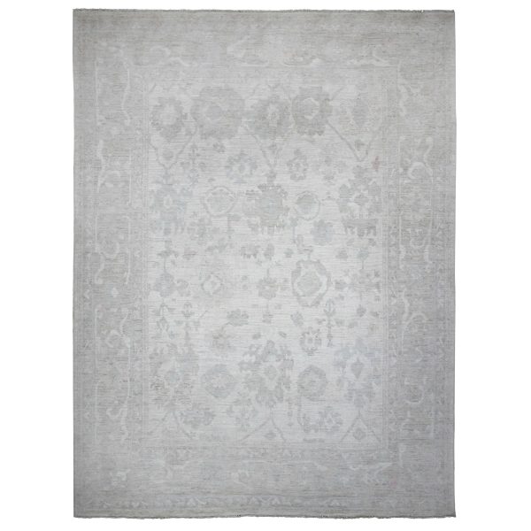 11'4"x15'5" Smoke White, Wool Weft, Hand Knotted, White Wash Afghan Angora Oushak, All Over Rural Flower And Leaf Pattern, XL Oriental Rug HR89585