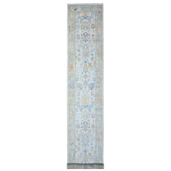 2'7"x15'9" White Smoke Gray, Natural Dyes with Colorful All Over Tribal Medallions Design, Wool Foundation, Afghan Angora Oushak, Hand Knotted, XL Runner Oriental Rug HR89631