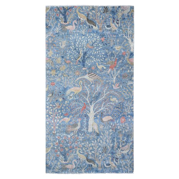 6'x11'10" Cerulean Blue, Birds of Paradise Afghan Peshawar Design, Vegetable Dyes, Pure Wool Hand Knotted, Wide Runner Oriental Rug HR89650