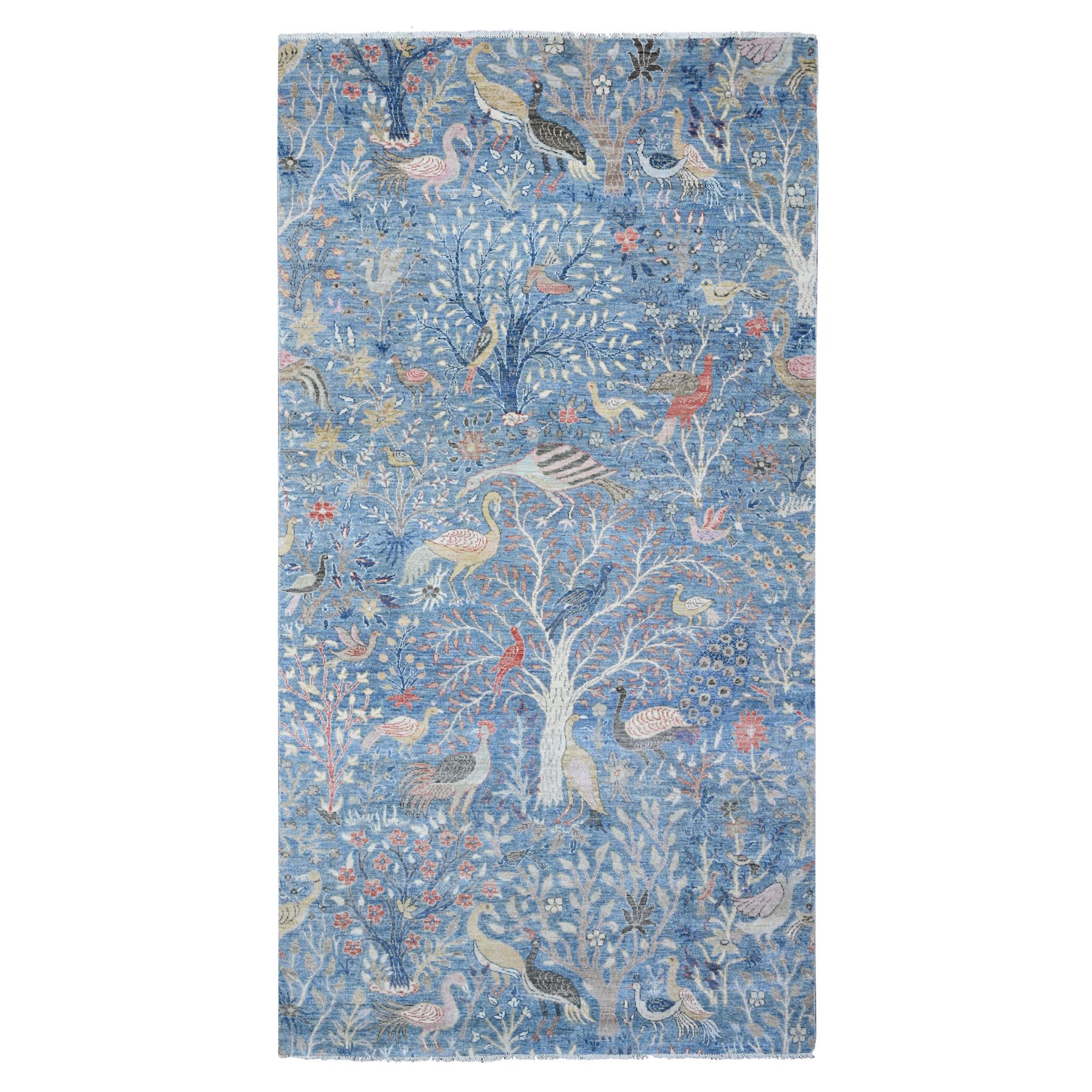 6'x11'10" Cerulean Blue, Birds of Paradise Afghan Peshawar Design, Vegetable Dyes, Pure Wool Hand Knotted, Wide Runner Oriental Rug HR89650