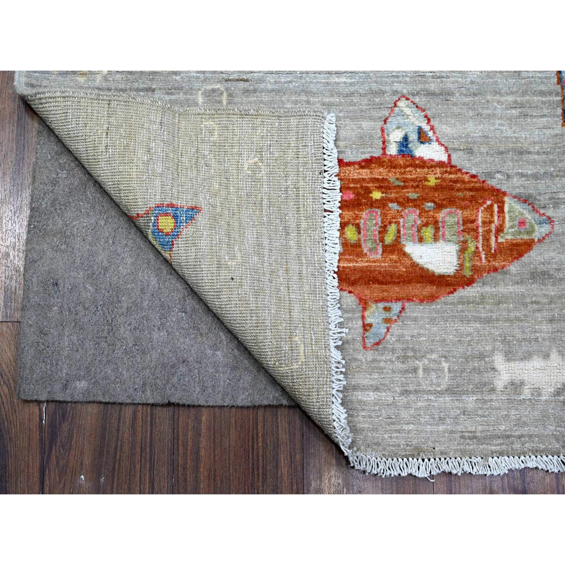4'1"x12' Rocky Gray, Hand Knotted Extra Soft Wool, Afghan Peshawar Oceanic Colorful Fish Design, Natural Dyes, Denser Weave Oriental Rug HR89660 - Image 2