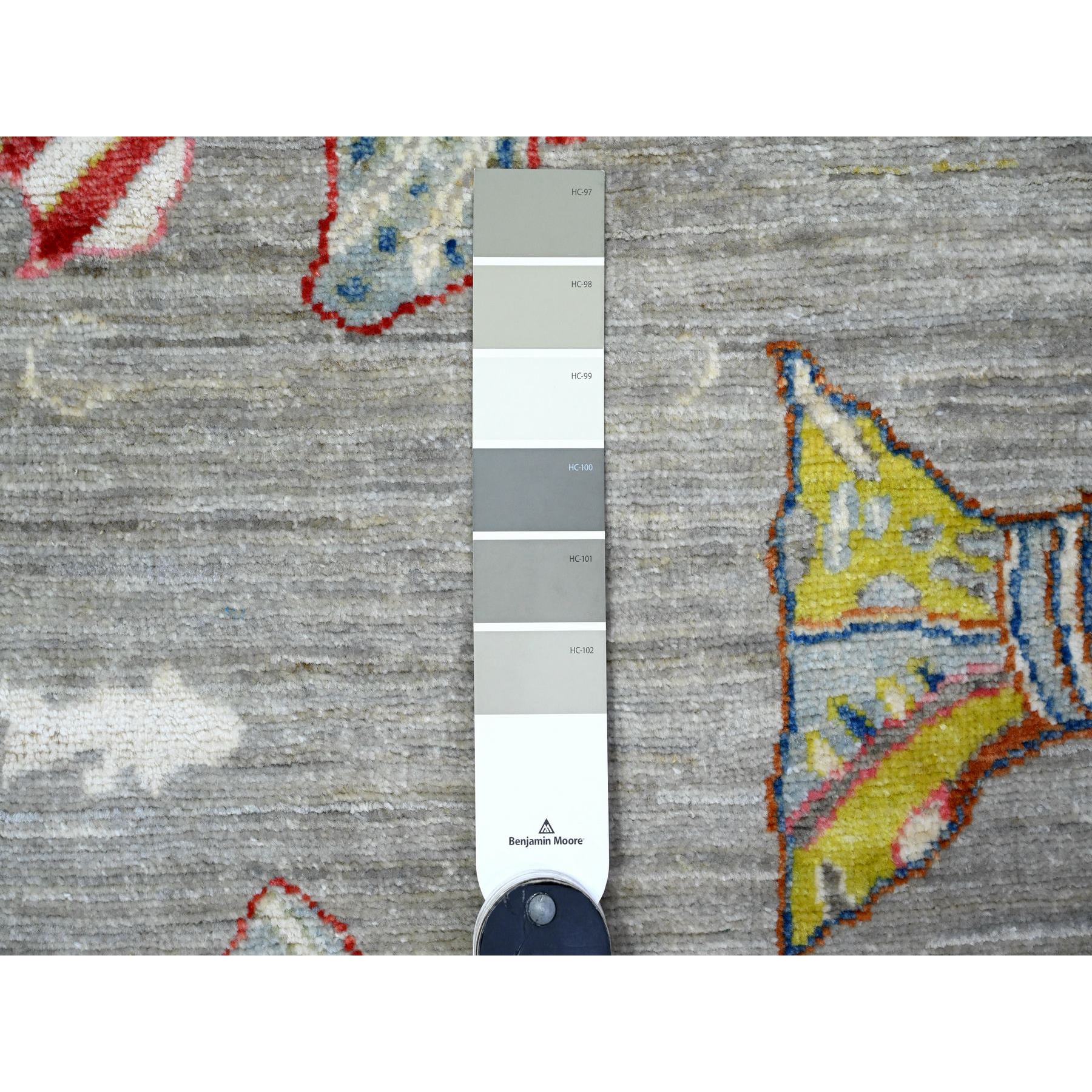4'1"x12' Rocky Gray, Hand Knotted Extra Soft Wool, Afghan Peshawar Oceanic Colorful Fish Design, Natural Dyes, Denser Weave Oriental Rug HR89660 - Image 3