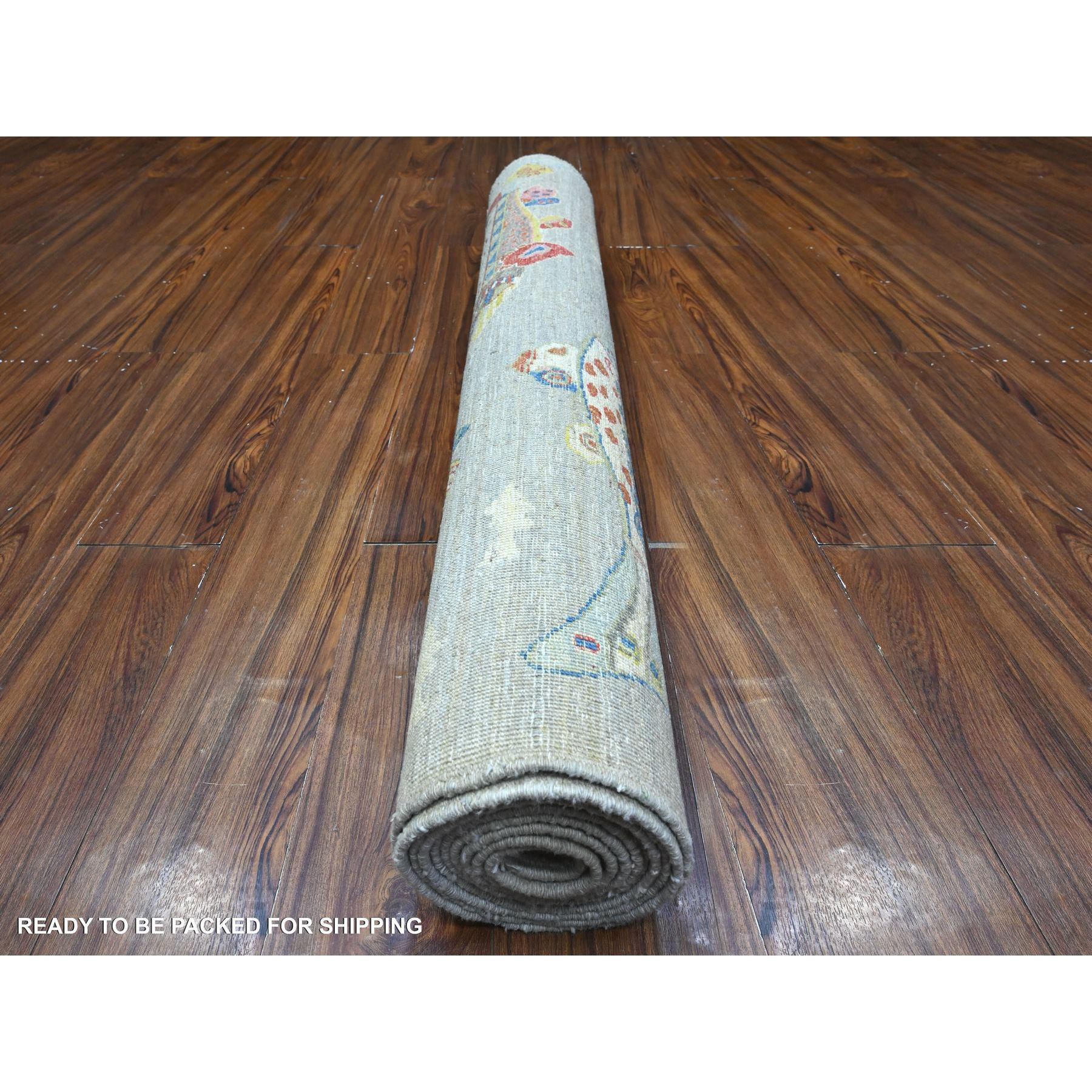 4'1"x12' Rocky Gray, Hand Knotted Extra Soft Wool, Afghan Peshawar Oceanic Colorful Fish Design, Natural Dyes, Denser Weave Oriental Rug HR89660 - Image 4