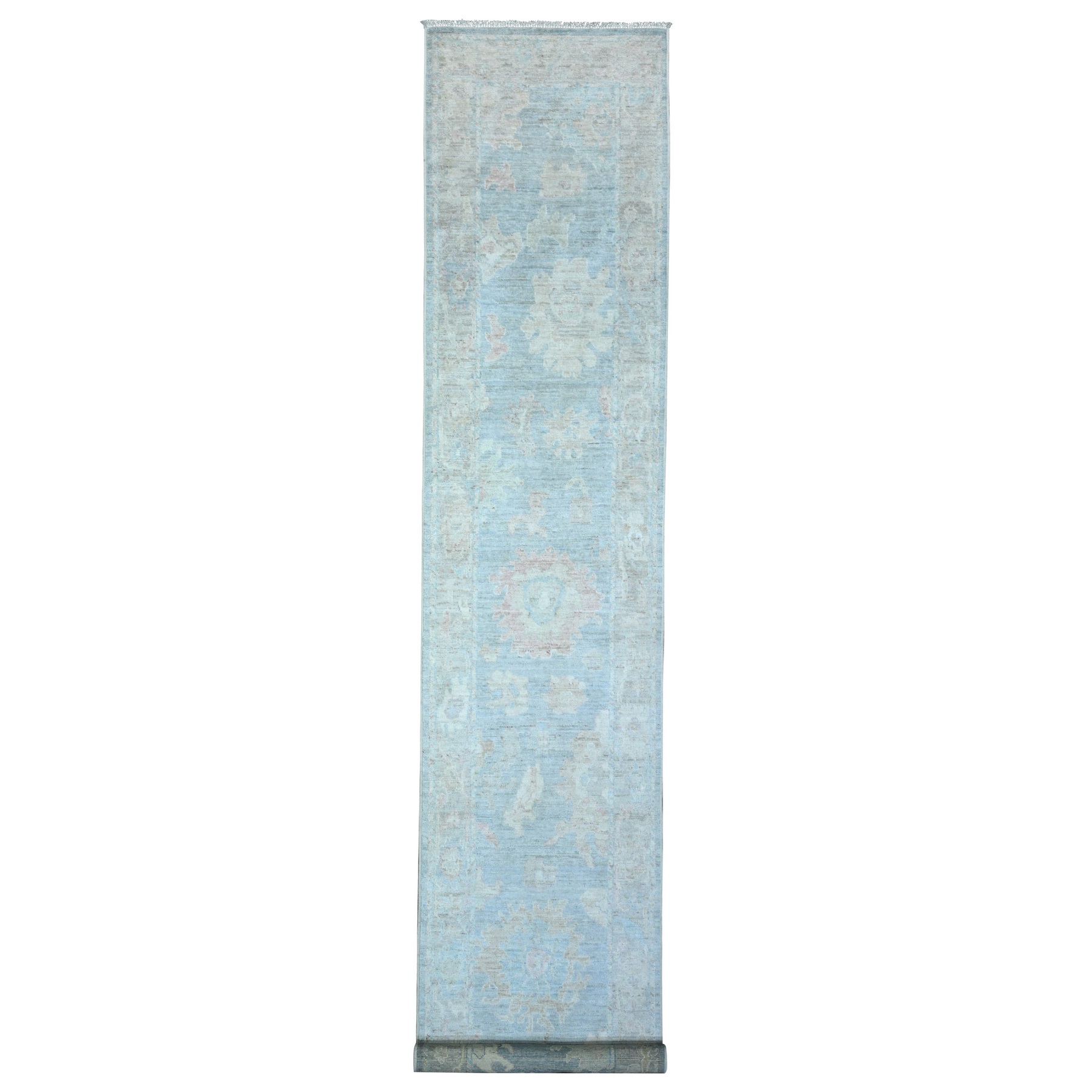 2'10"x16' Ruddy Blue, Extra Soft Wool Weft, Vegetable Dyes, Afghan Angora Oushak, Hand Knotted With Rural Floral All Over Design, XL Runner Oriental Rug HR89678