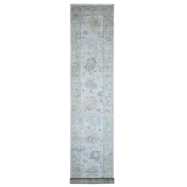 2'10"x16' Silver Gray, Hand Knotted With Natural Dyes, Afghan Soft Wool Weft, Tribal Flower And Leaf Motifs All Over Design, Angora Oushak, Oversized Oriental Runner Rug HR89679