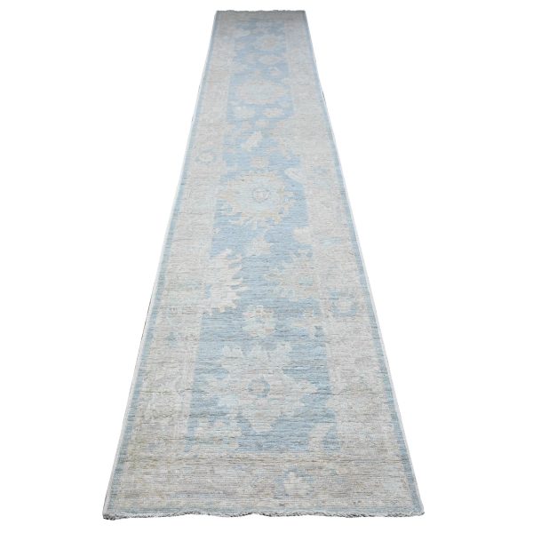 2'9"x15'4" Riviera Blue, Hand Knotted Village Floral Medallions All Over Design, Afghan Angora Oushak, Vegetable Dyes, Wool Weft, XL Runner Oriental Rug HR89681