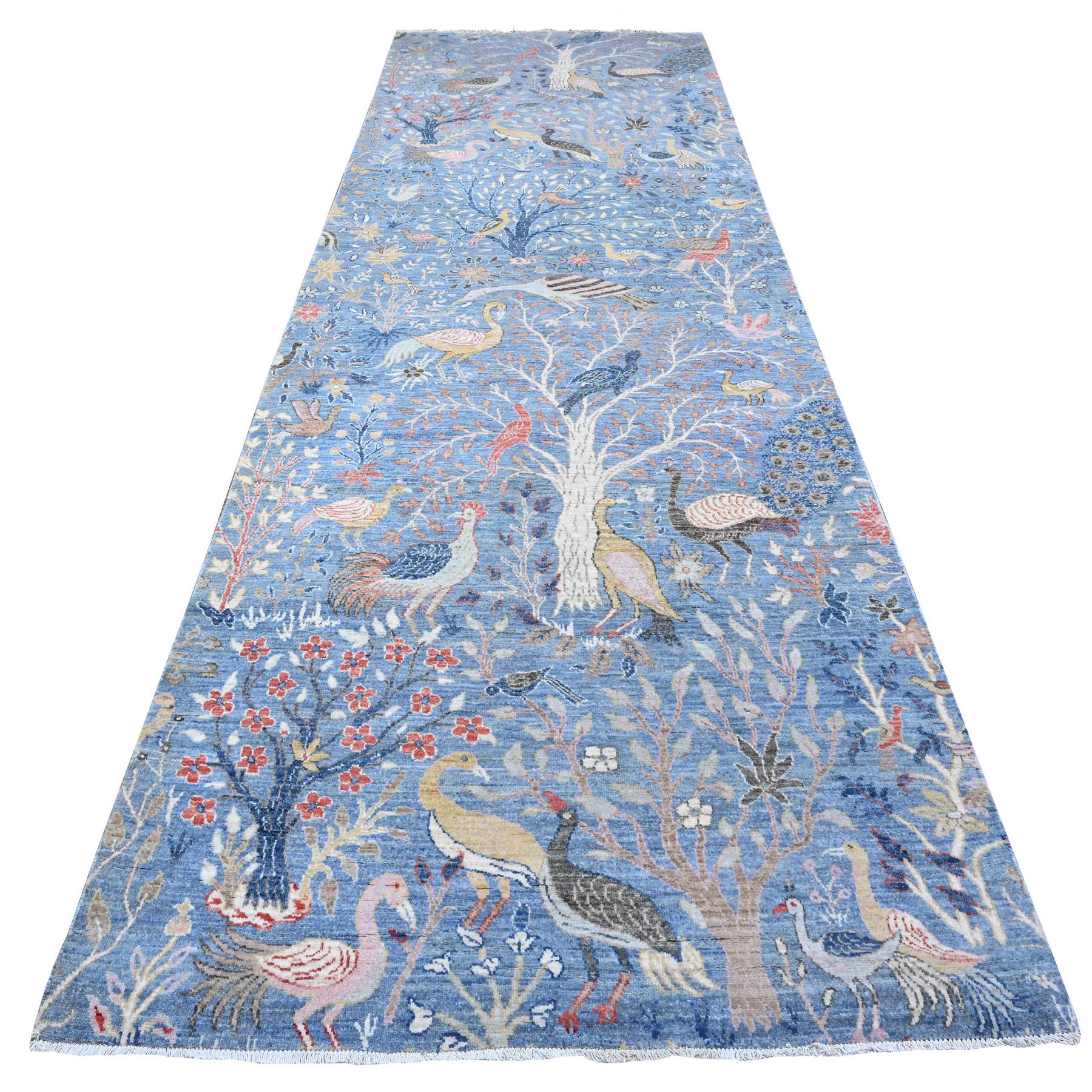 5'x14'8" Crayola Blue, Hand Knotted, Natural Dyes, Soft and Shiny Wool, Birds of Paradise, Tree of Life Afghan Peshawar Wide Runner Oriental Rug HR89697