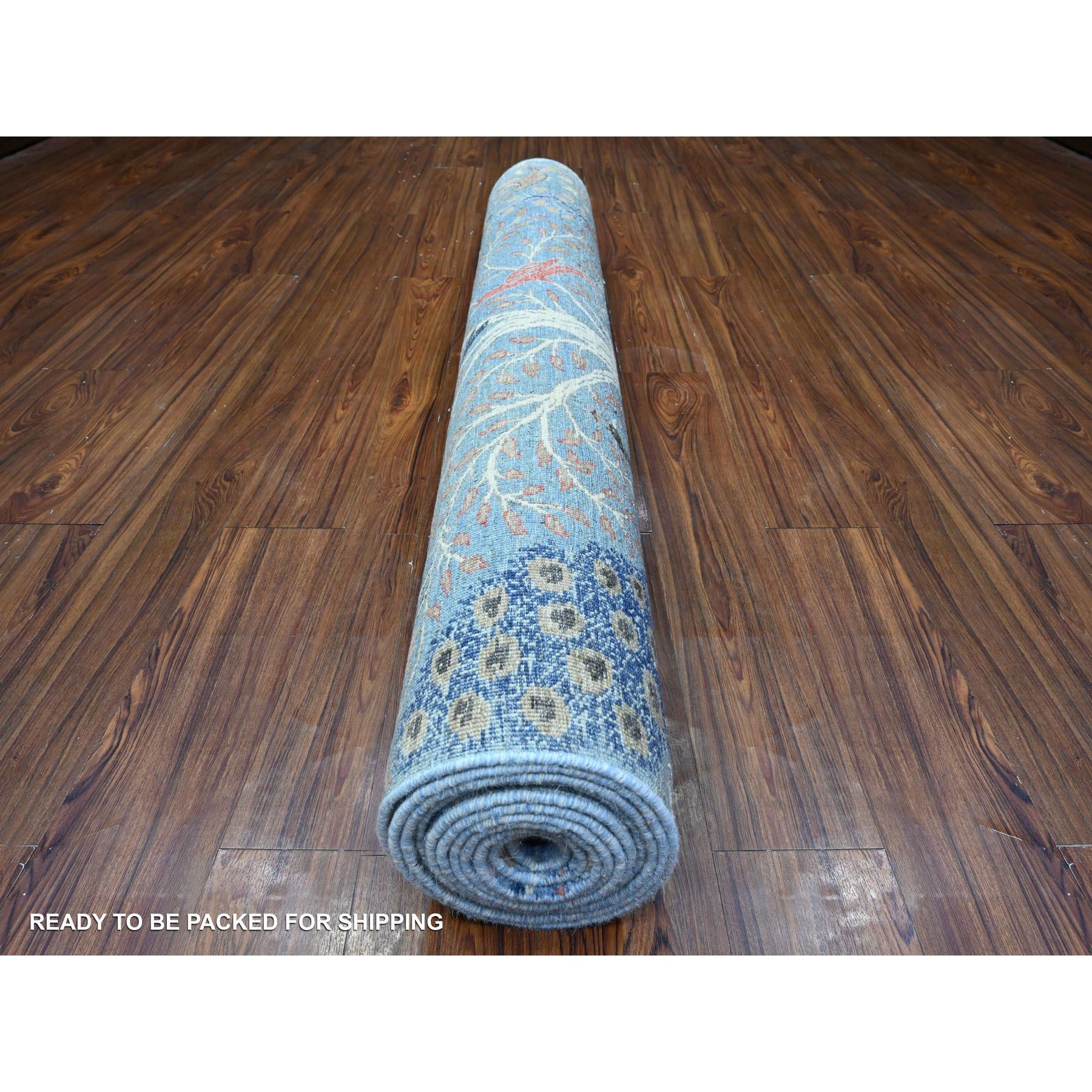 5'x14'8" Crayola Blue, Hand Knotted, Natural Dyes, Soft and Shiny Wool, Birds of Paradise, Tree of Life Afghan Peshawar Wide Runner Oriental Rug HR89697 - Image 4